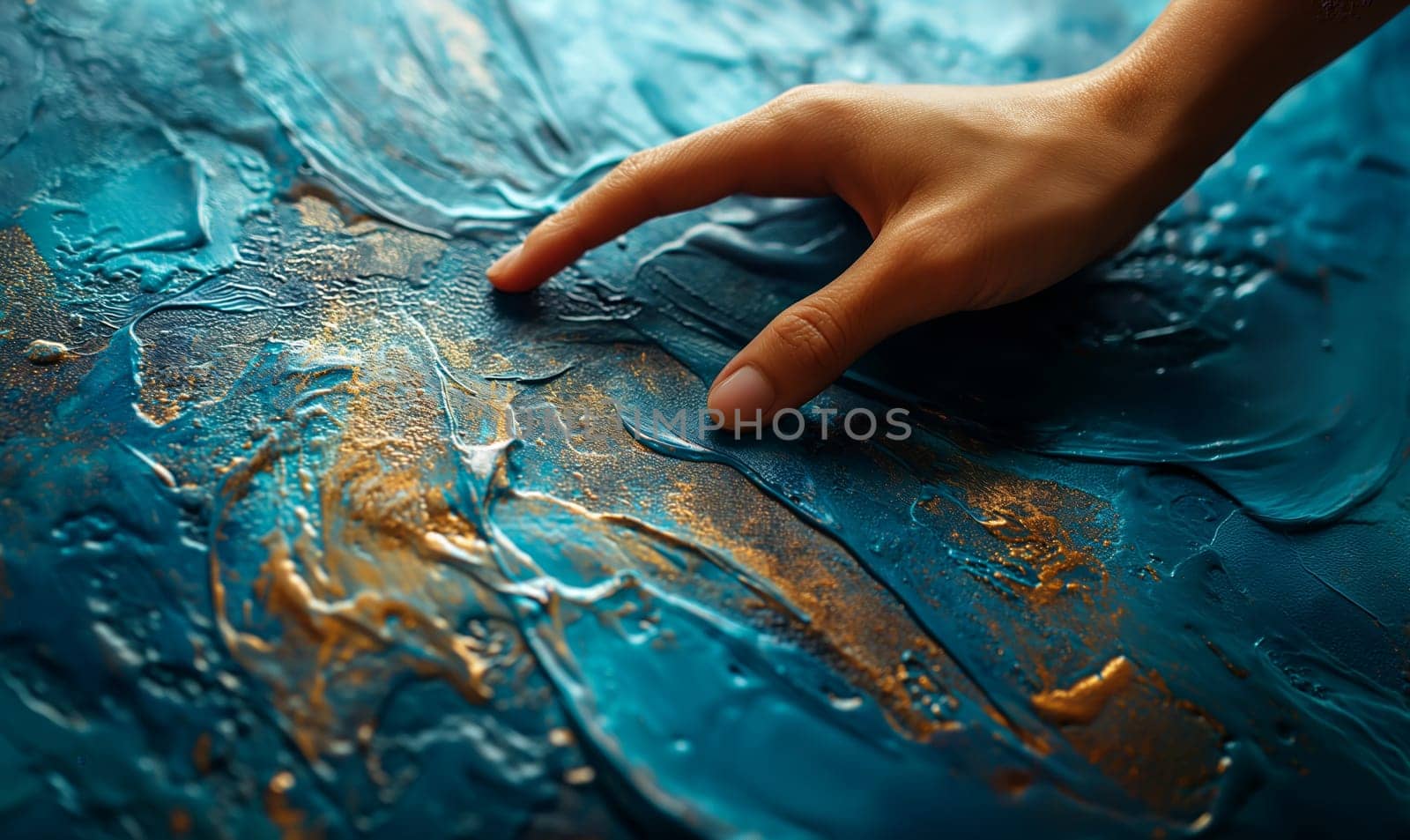 Mans Hand Touching Blue Wall. Selective soft focus.