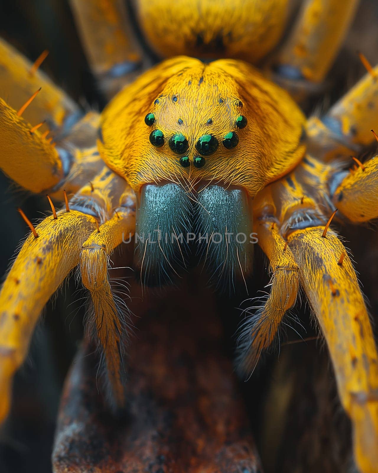 Yellow Spider With Green Eyes Close Up. by Fischeron