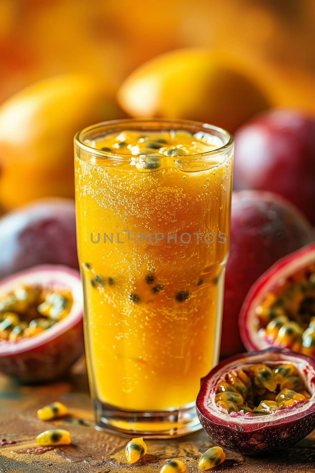 A glass of juice with a slice of pineapple and a sprig of mint on top. The juice is poured into a glass and has a splash of water on the side