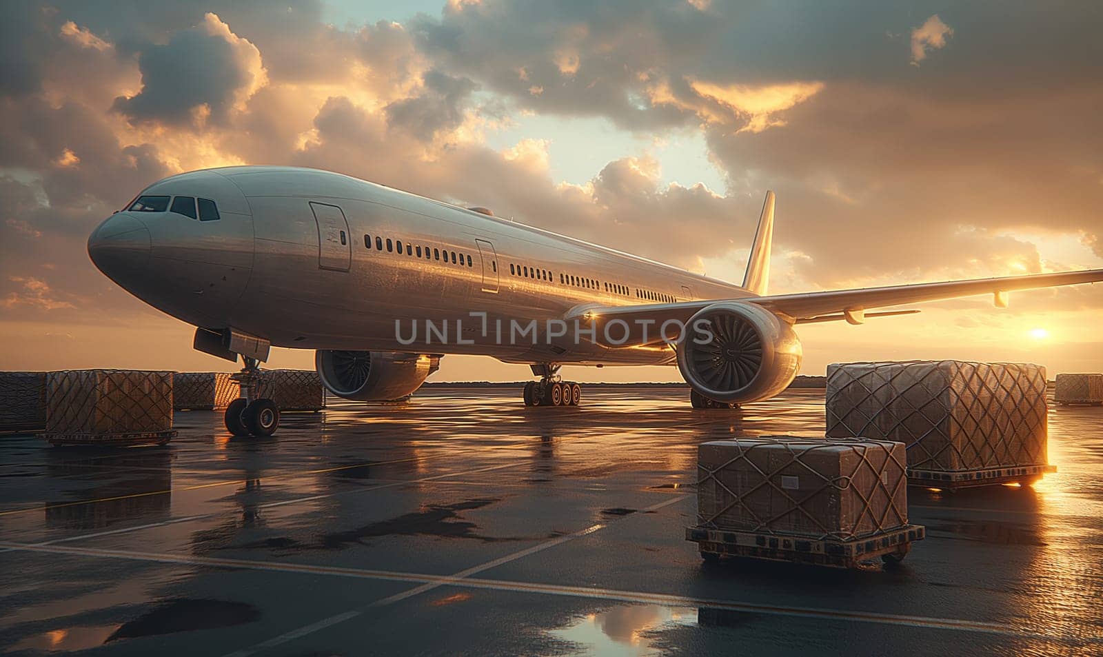 Sunset View of Airplane on Wet Tarmac. Selective focus.