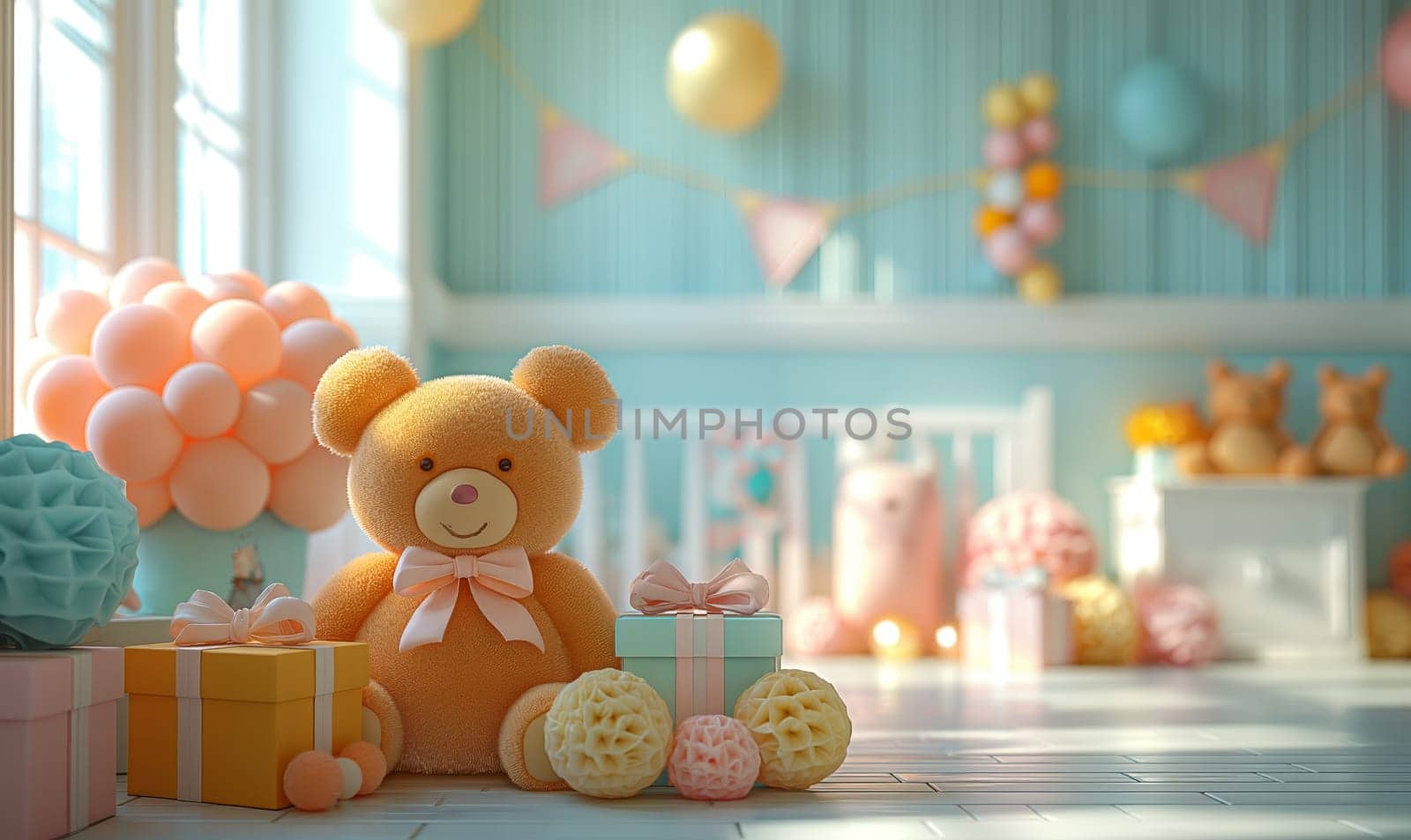Illustration of a teddy bear with balloons in the room. by Fischeron