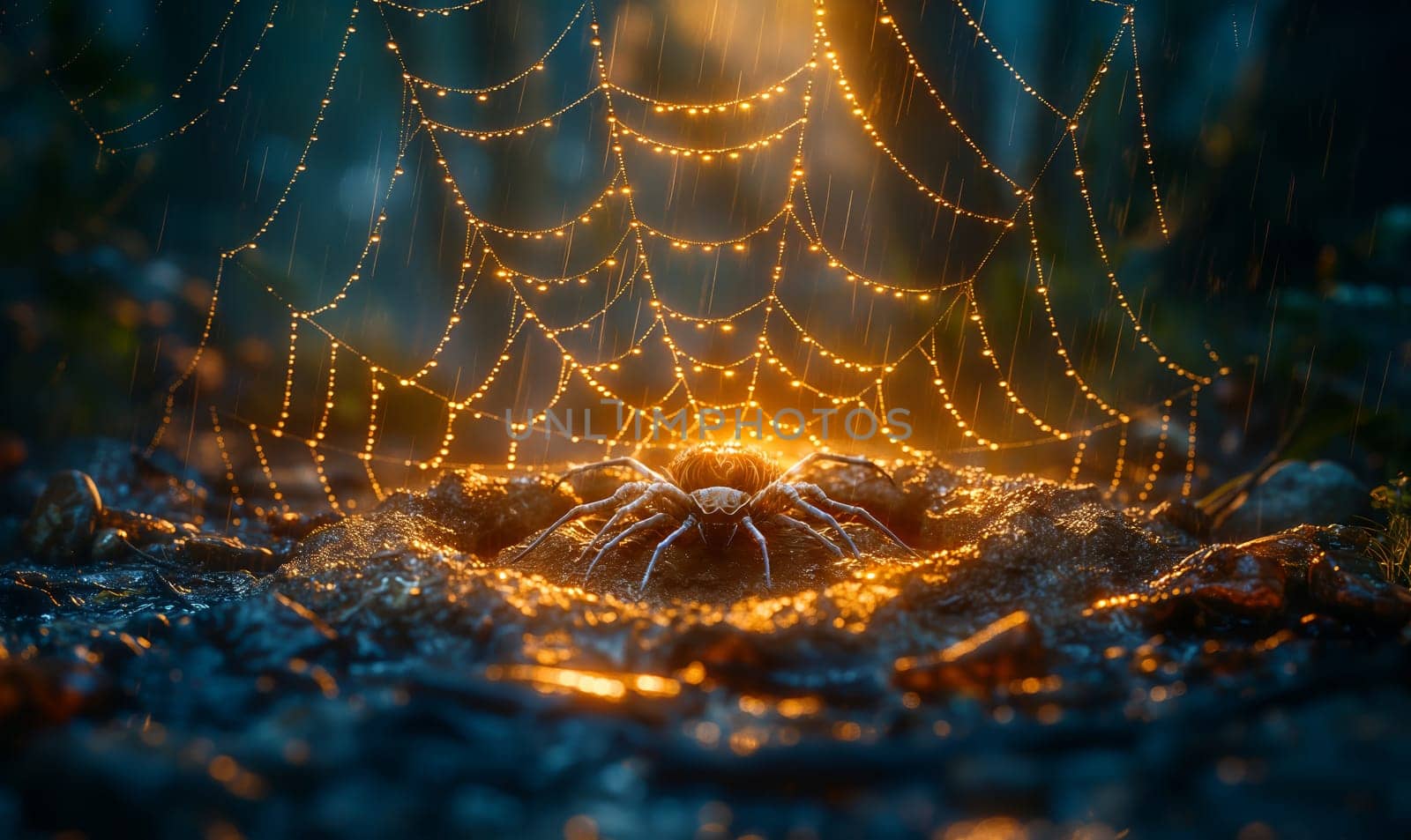 Dew Covered Spider Web Close Up. by Fischeron