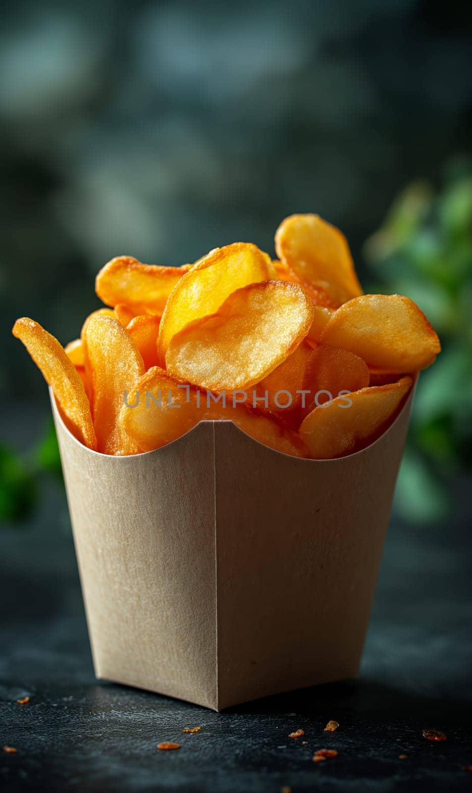 Potato Chips in a Paper Bag on Table. Selective focus.