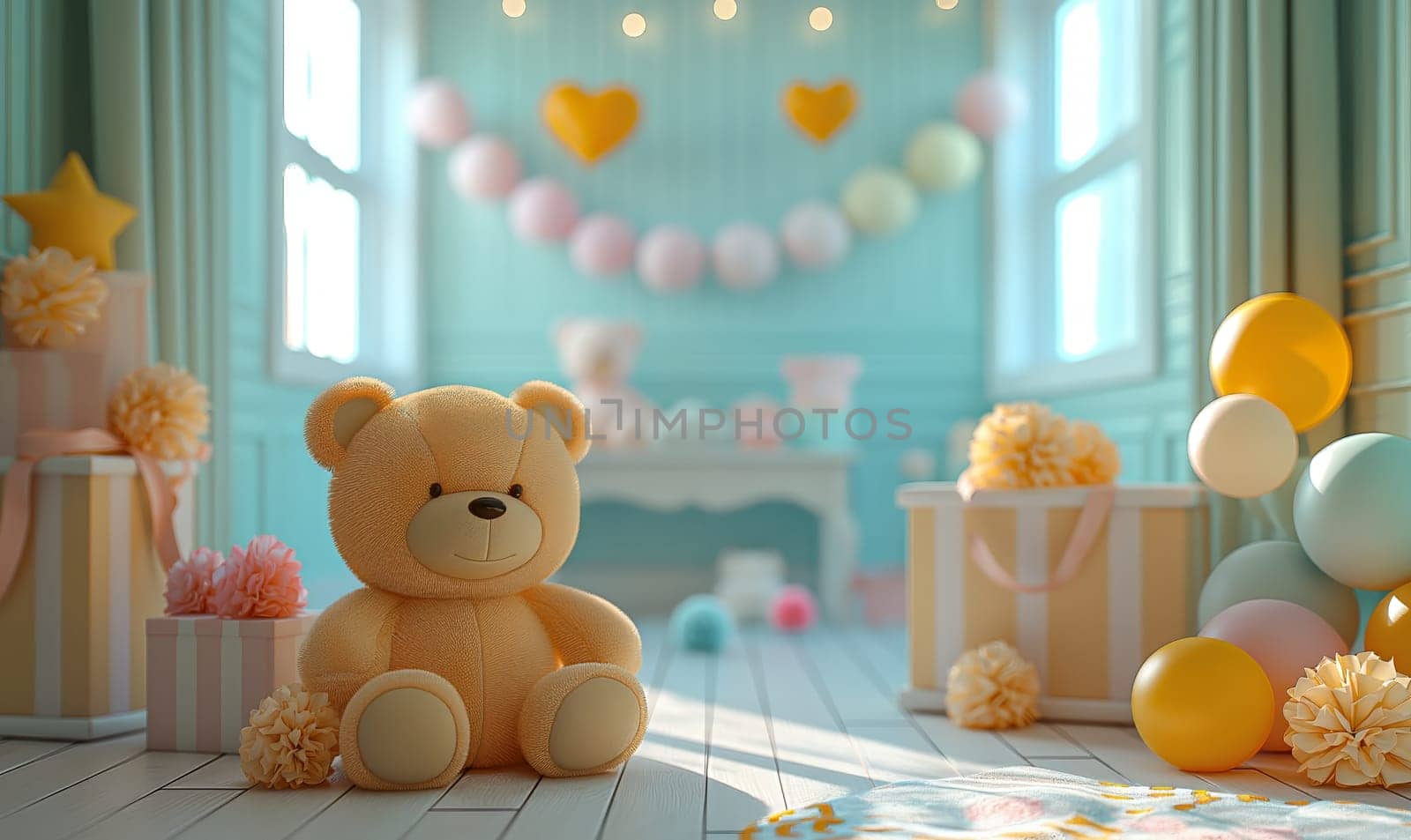 Illustration of a teddy bear with balloons in the room. by Fischeron