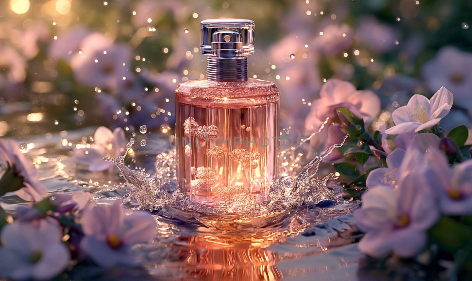 Elegant Perfume Bottle Amidst Lilac Flowers. Selective focus