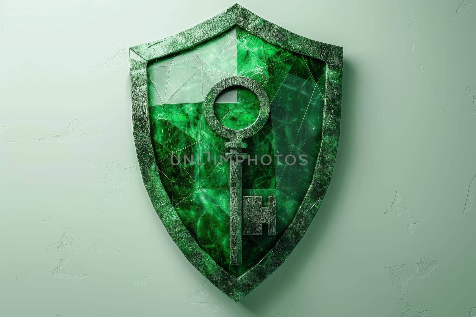 A green shield with a key on it. cybersecurity concept by itchaznong