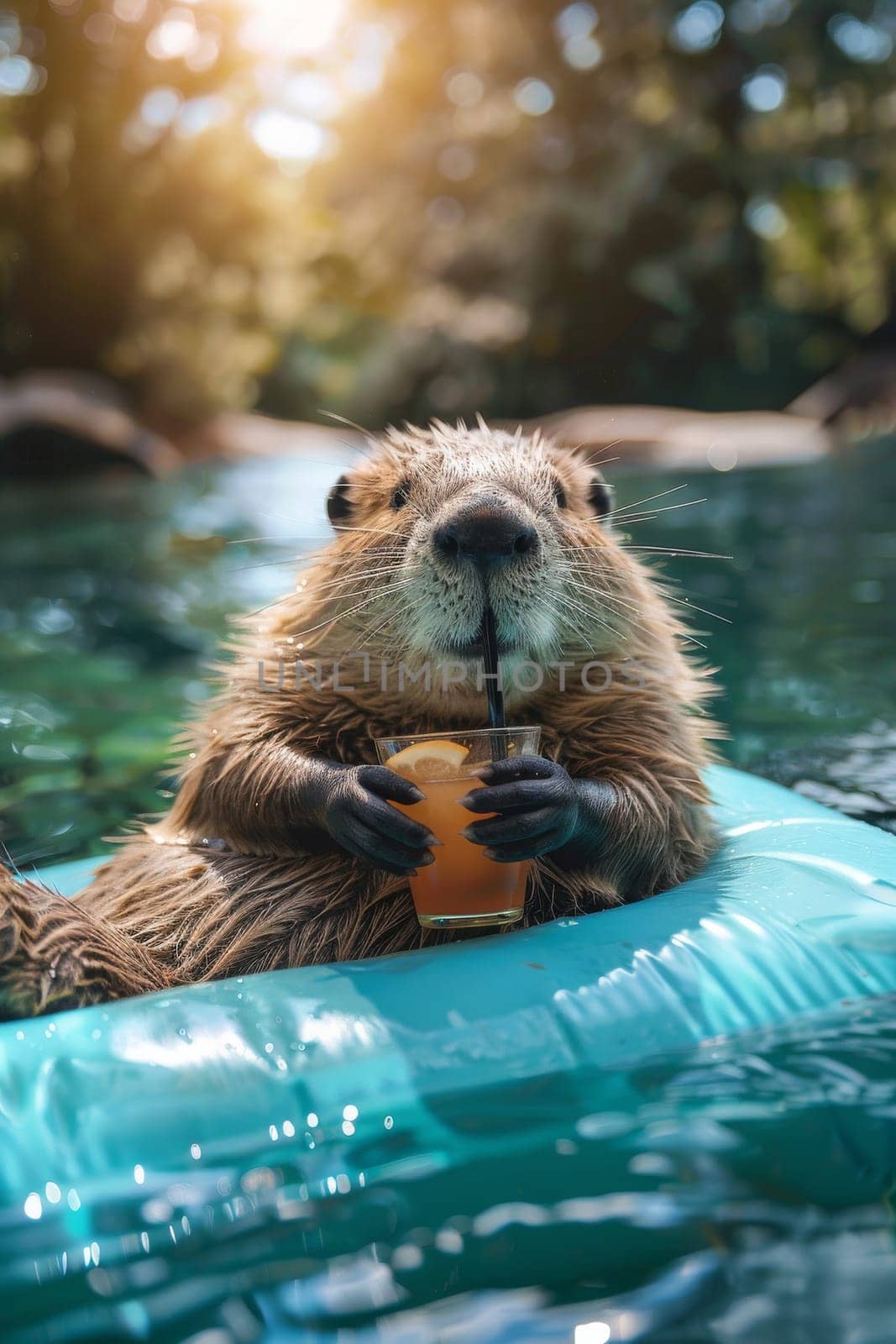 beaver animal is in a pool with a cup in its mouth. The animal is holding the cup and he is enjoying itself