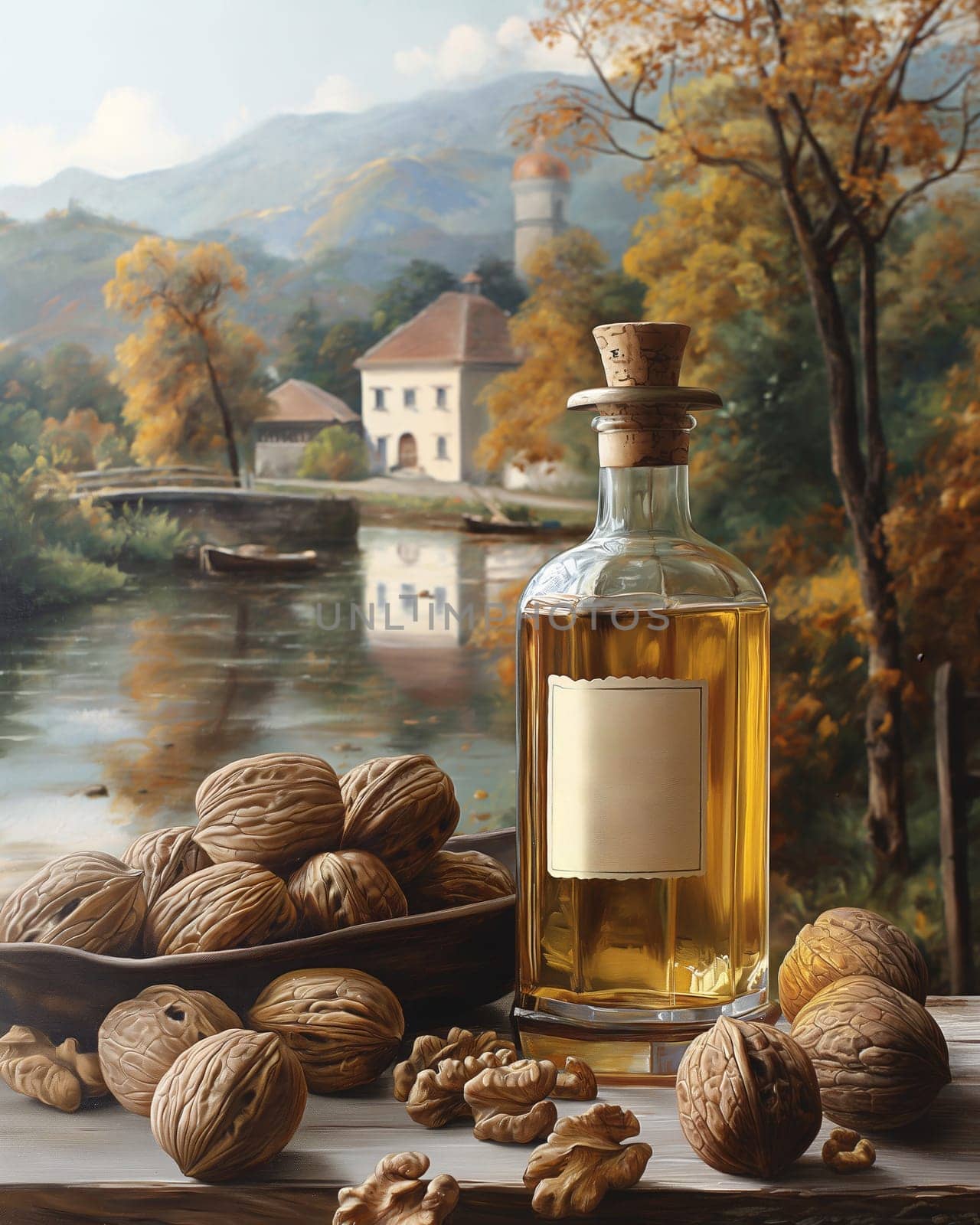 A bottle of oil and walnuts on a wooden table. Selective soft focus.