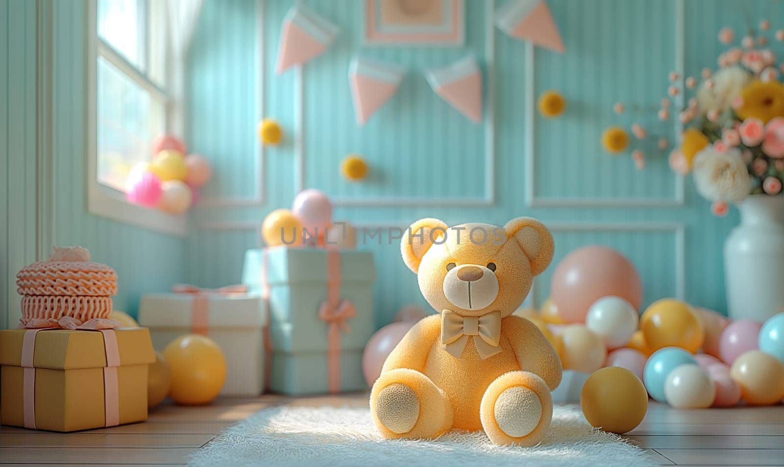 Illustration of a teddy bear with balloons in the room. Selective soft focus.