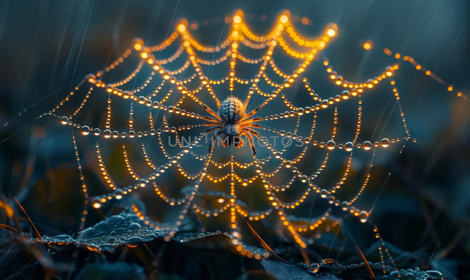 Dew Covered Spider Web Close Up. Selective focus