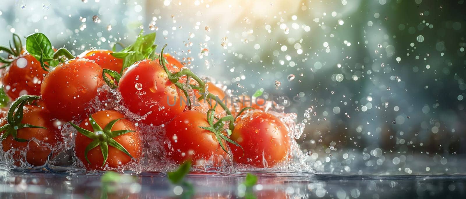 Water Splashes on Tomatoes. Selective focus.