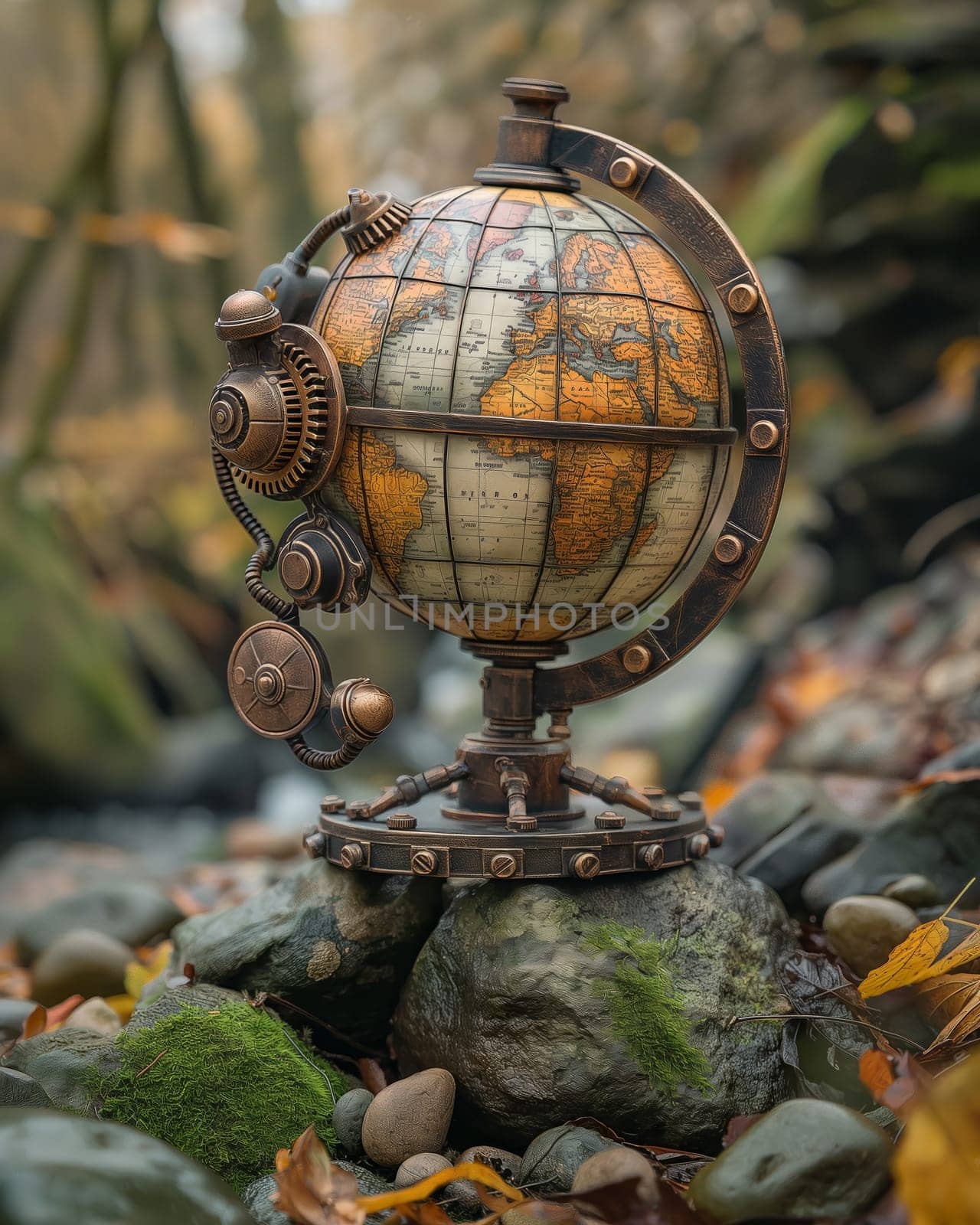 Steampunk globe on stones. Selective focus.