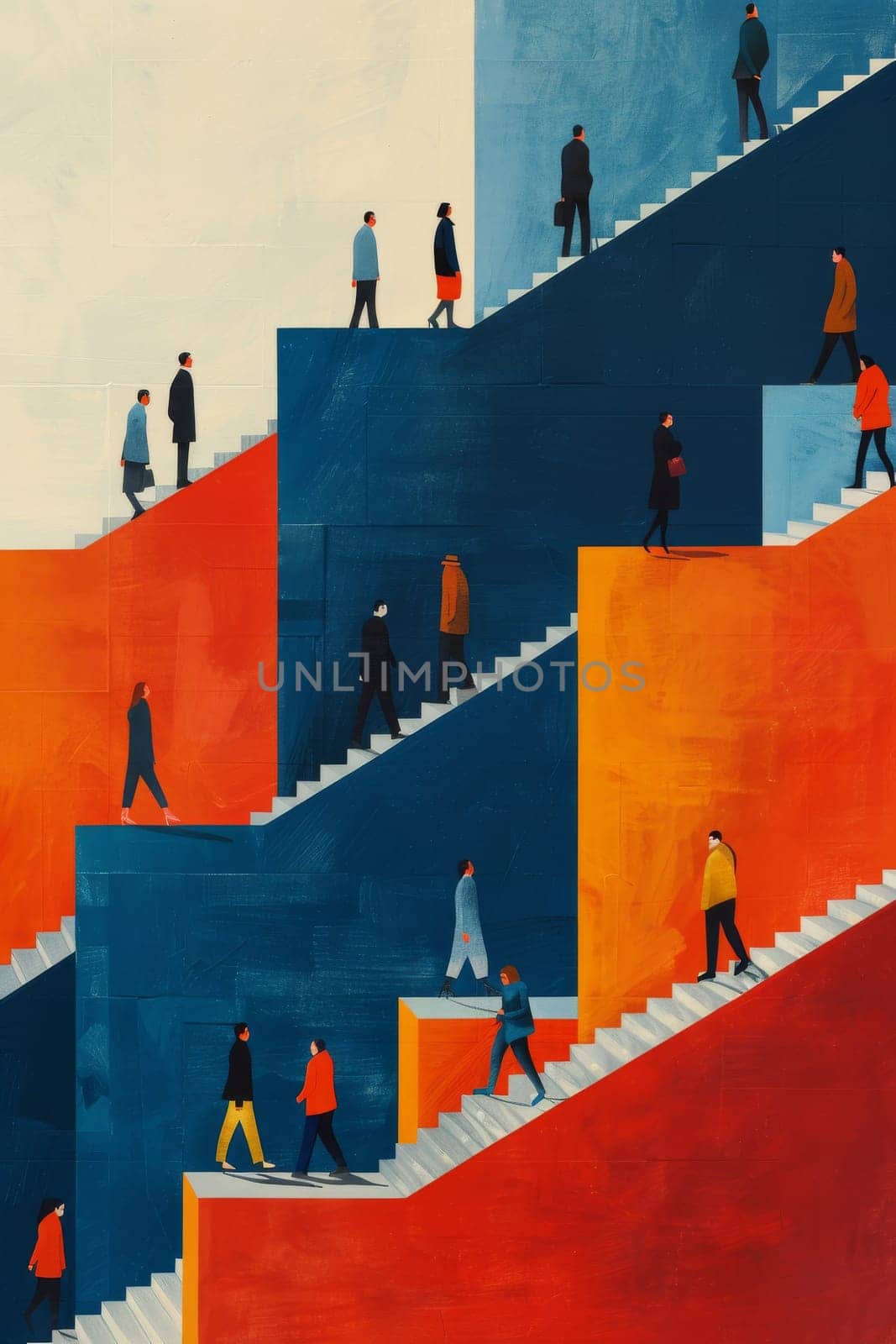 A painting of a group of people walking up a set of stairs. The painting is a mix of blue and yellow colors. The people are walking up the stairs, and some of them are carrying handbags