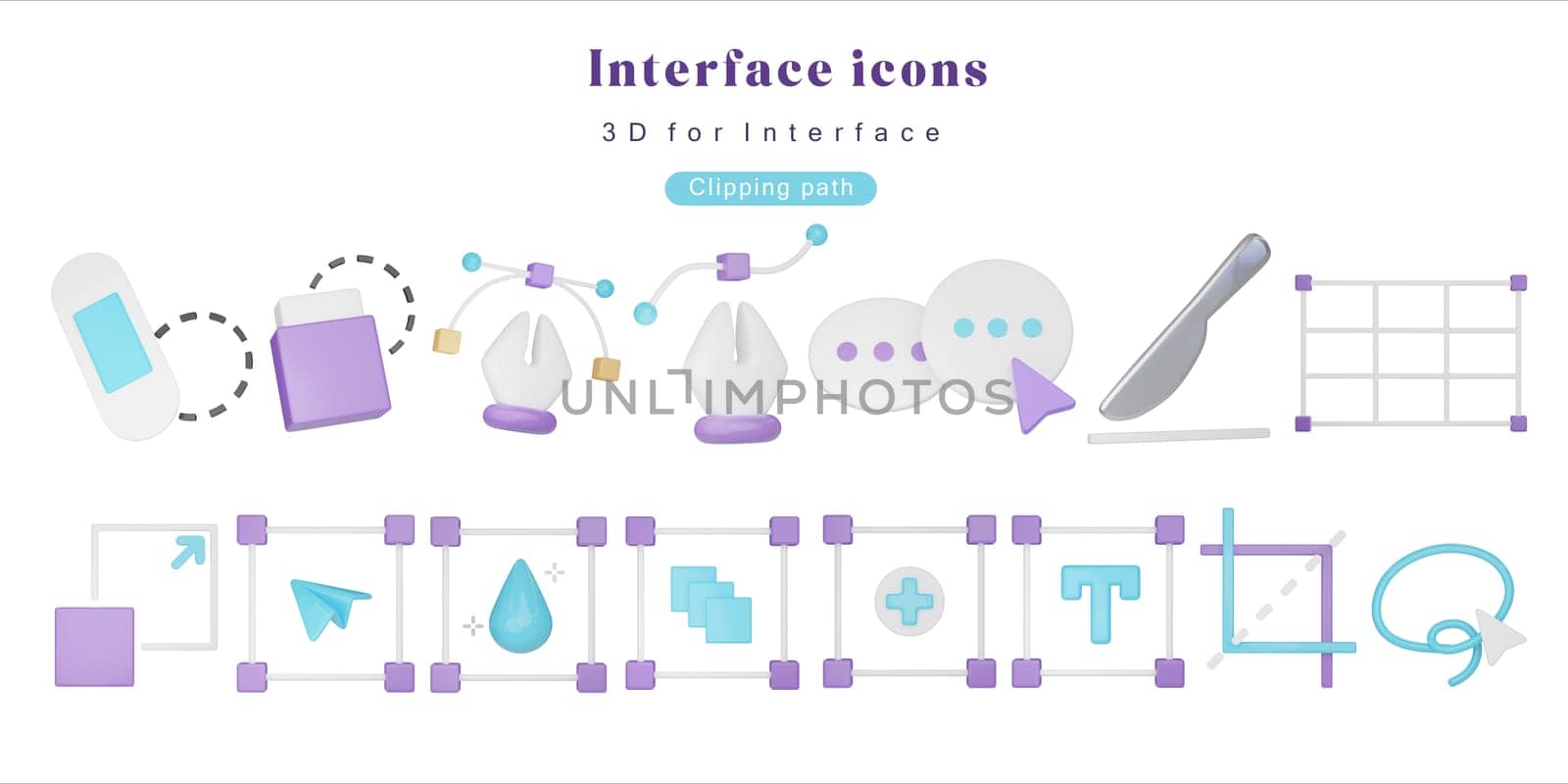 A dynamic set of 3D art design tools and icons for digital interfaces, including paint rollers, soap bottles, and mobile devices, ideal for tech and creative industries..