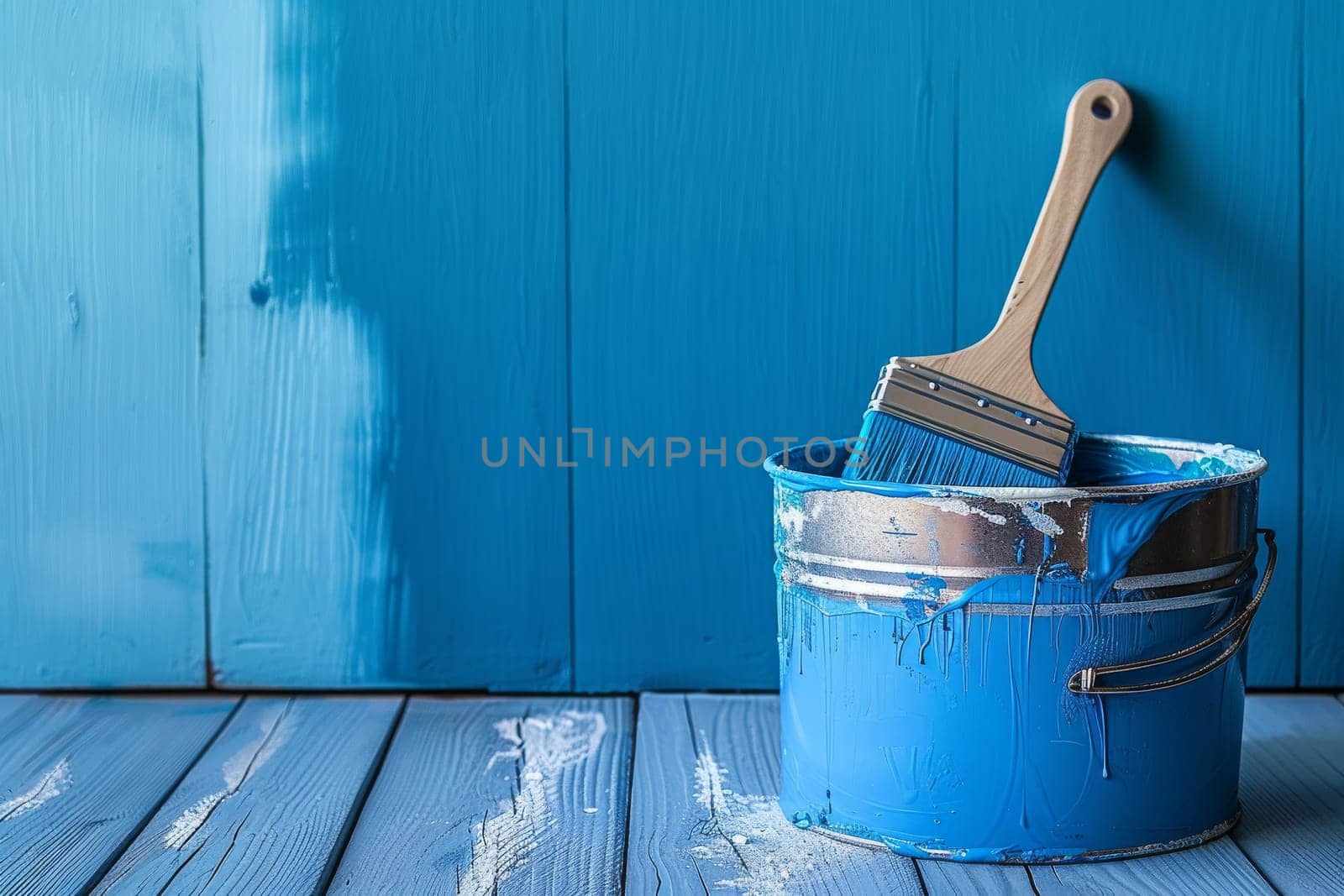 A blue paint bucket with a brush in it. Concept of creativity and the idea of painting a room