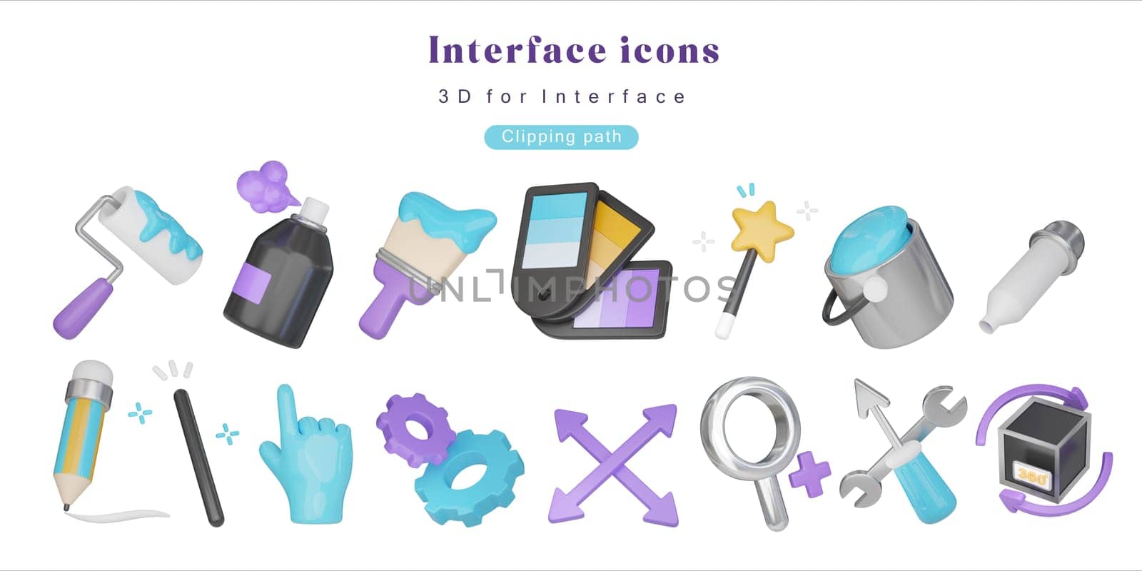 Collection of 3D icons for interface design, including buttons, cursors, and design elements, perfect for digital applications. by meepiangraphic