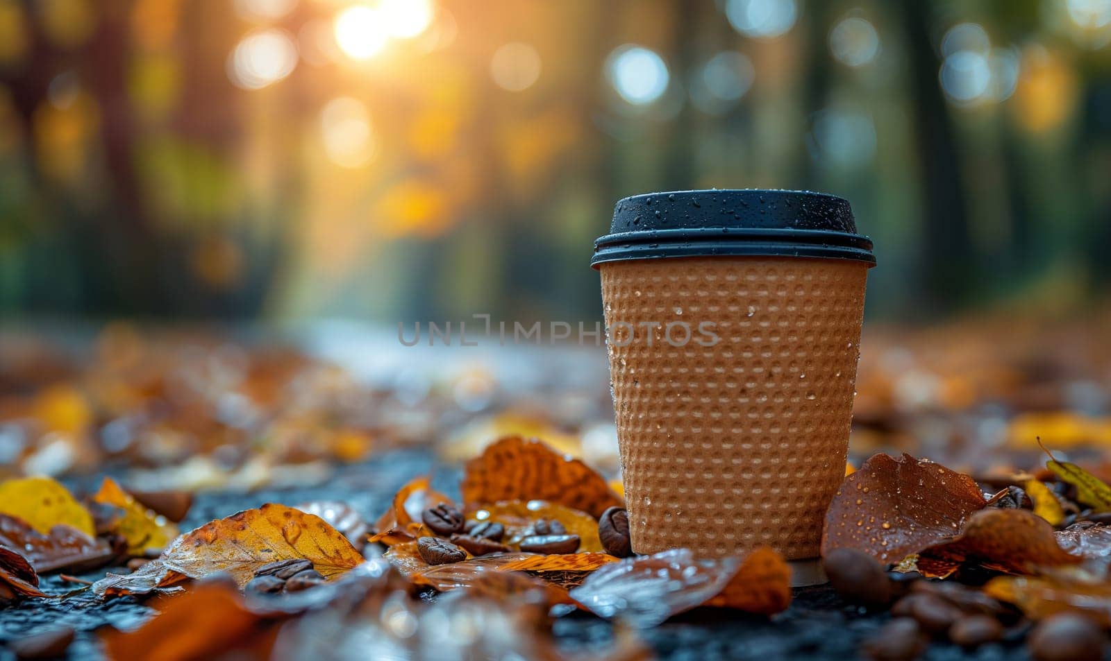 Coffee Cup on Leaf-Covered Ground. by Fischeron
