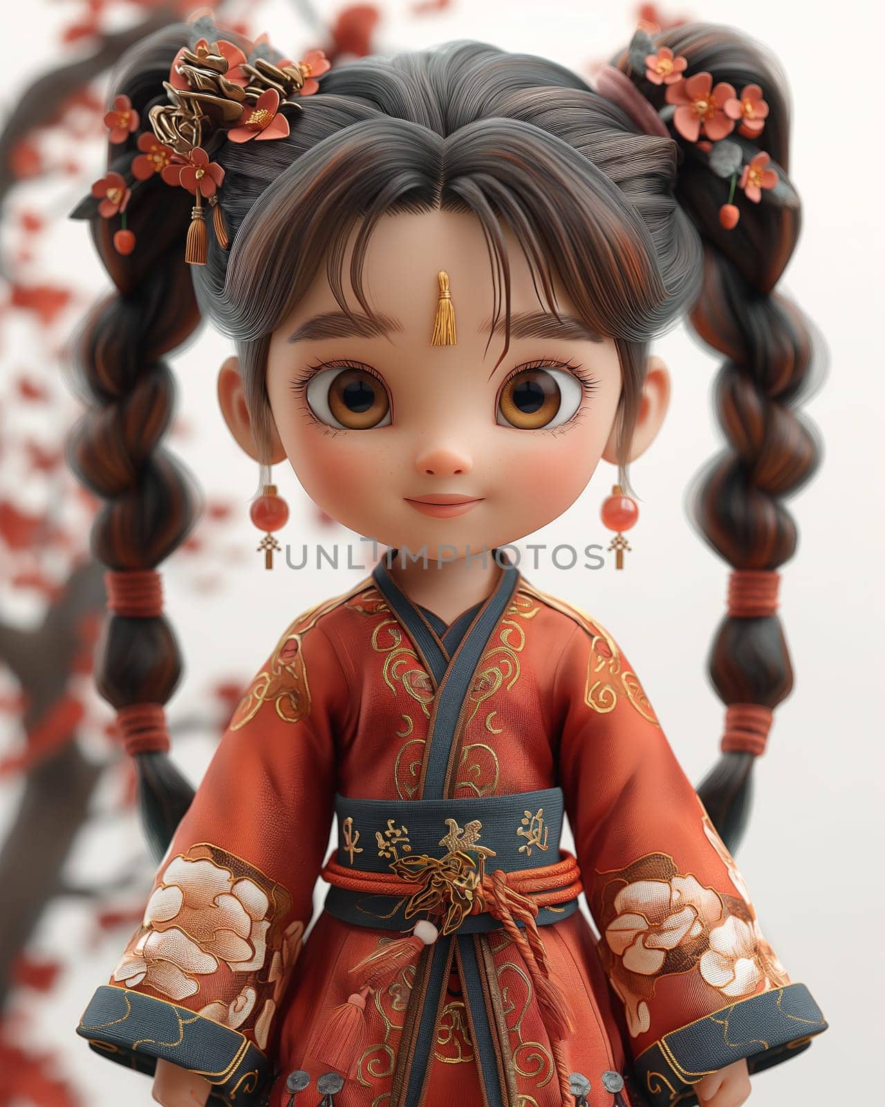Cartoon, 3D girl in national traditional Asian attire. Selective focus