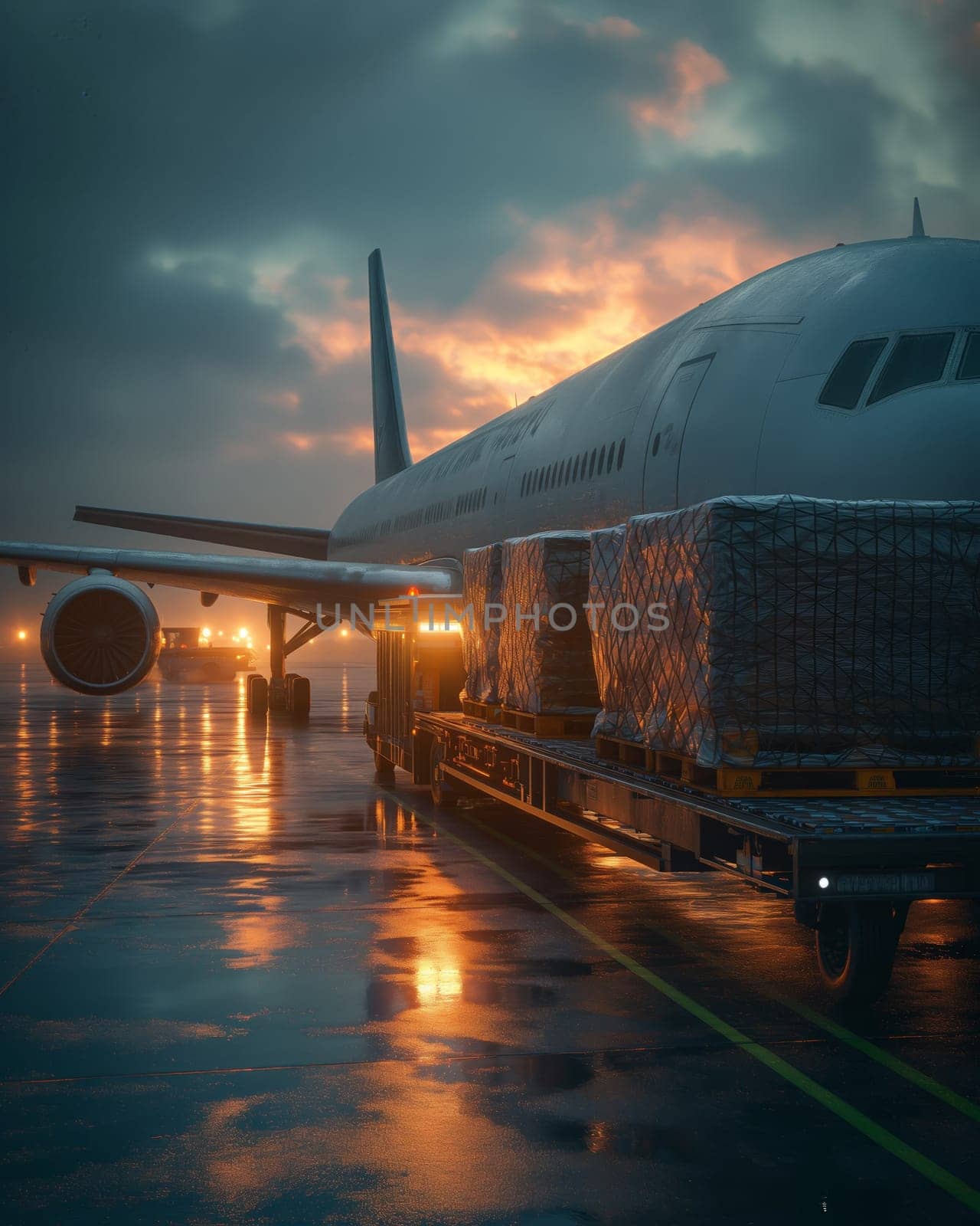 Sunset View of Airplane on Wet Tarmac. by Fischeron