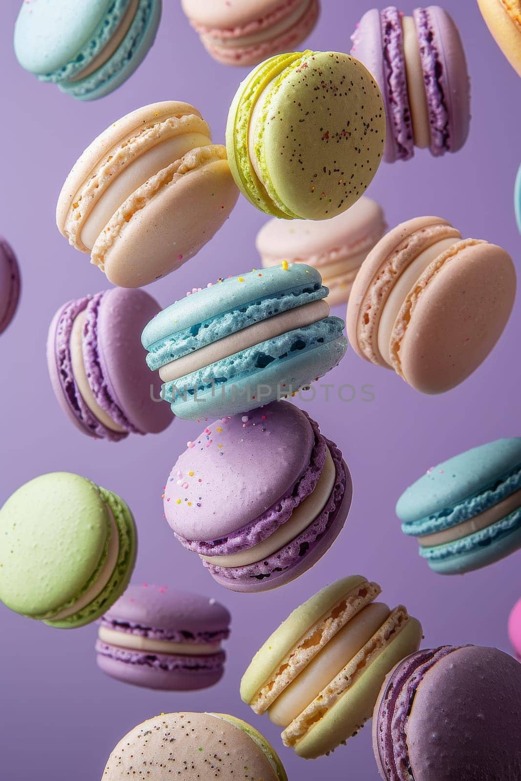 A colorful assortment of macarons are flying through the air, with some of them landing on a blue background. The macarons come in a variety of colors and flavors, including blueberry, raspberry