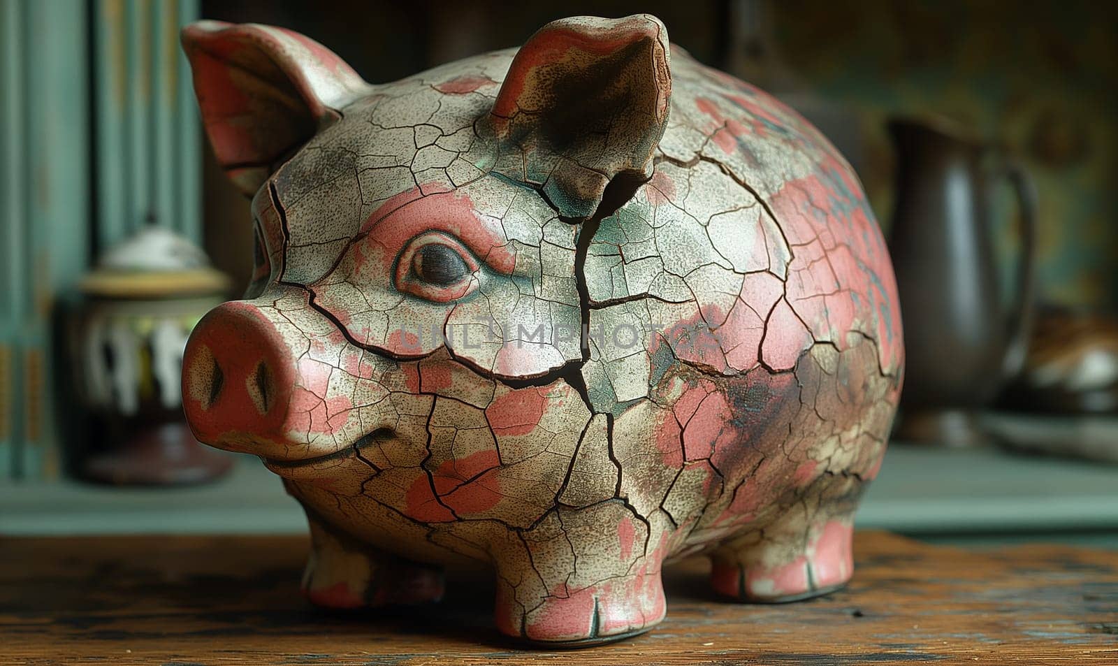 A cracked old piggy bank on the table. by Fischeron