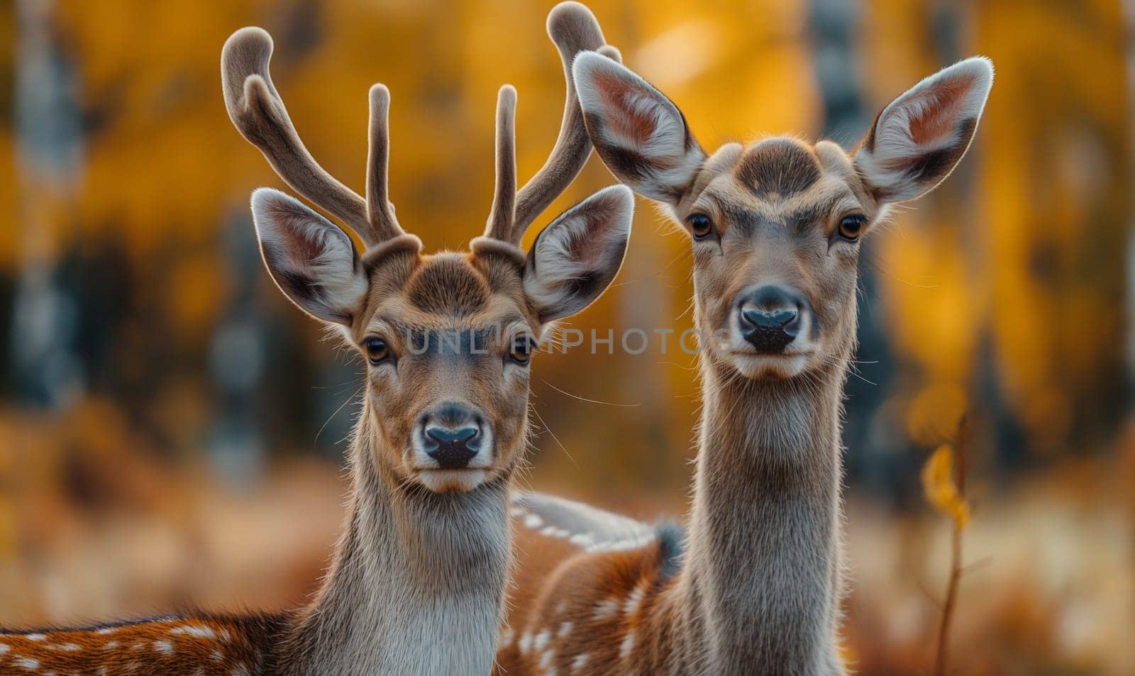 Two Deer Standing Together in Forest. by Fischeron