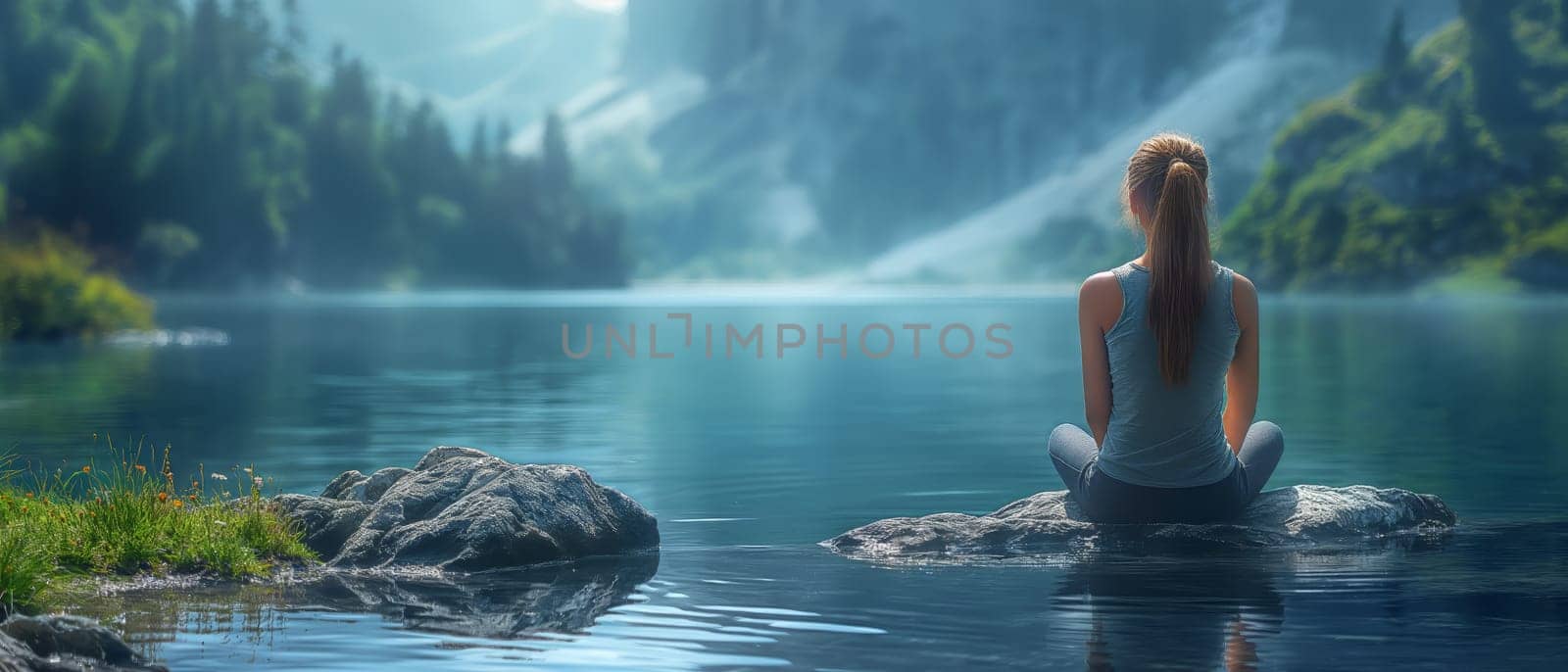 Woman Meditating by River. by Fischeron