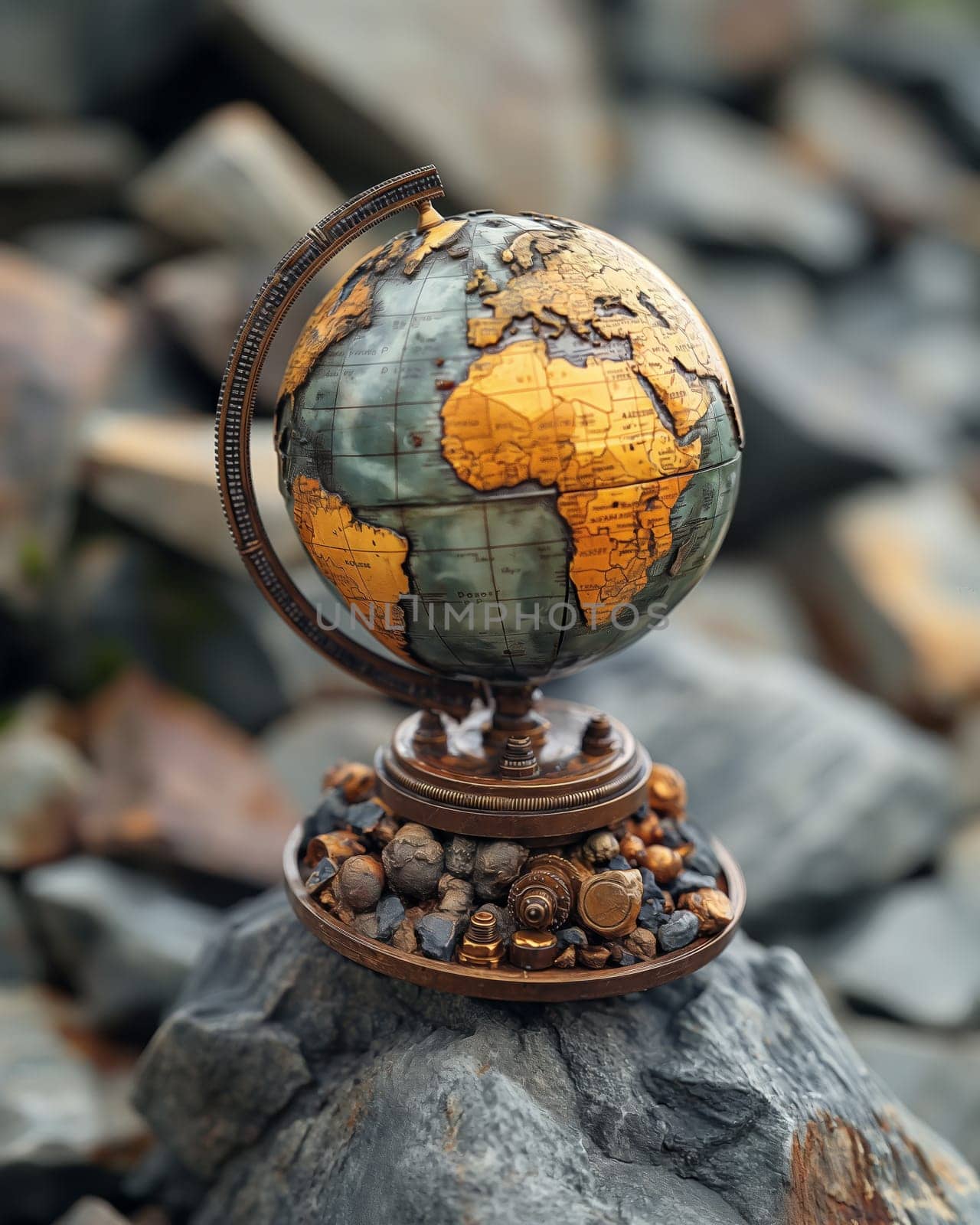 Steampunk globe on stones. Selective focus.