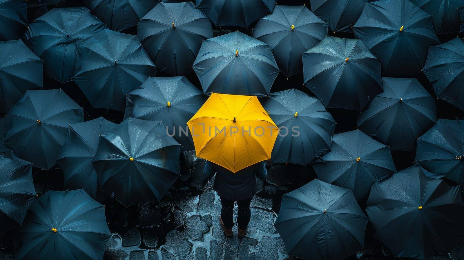 A person stands in front of a row of umbrellas, one of which is yellow by itchaznong