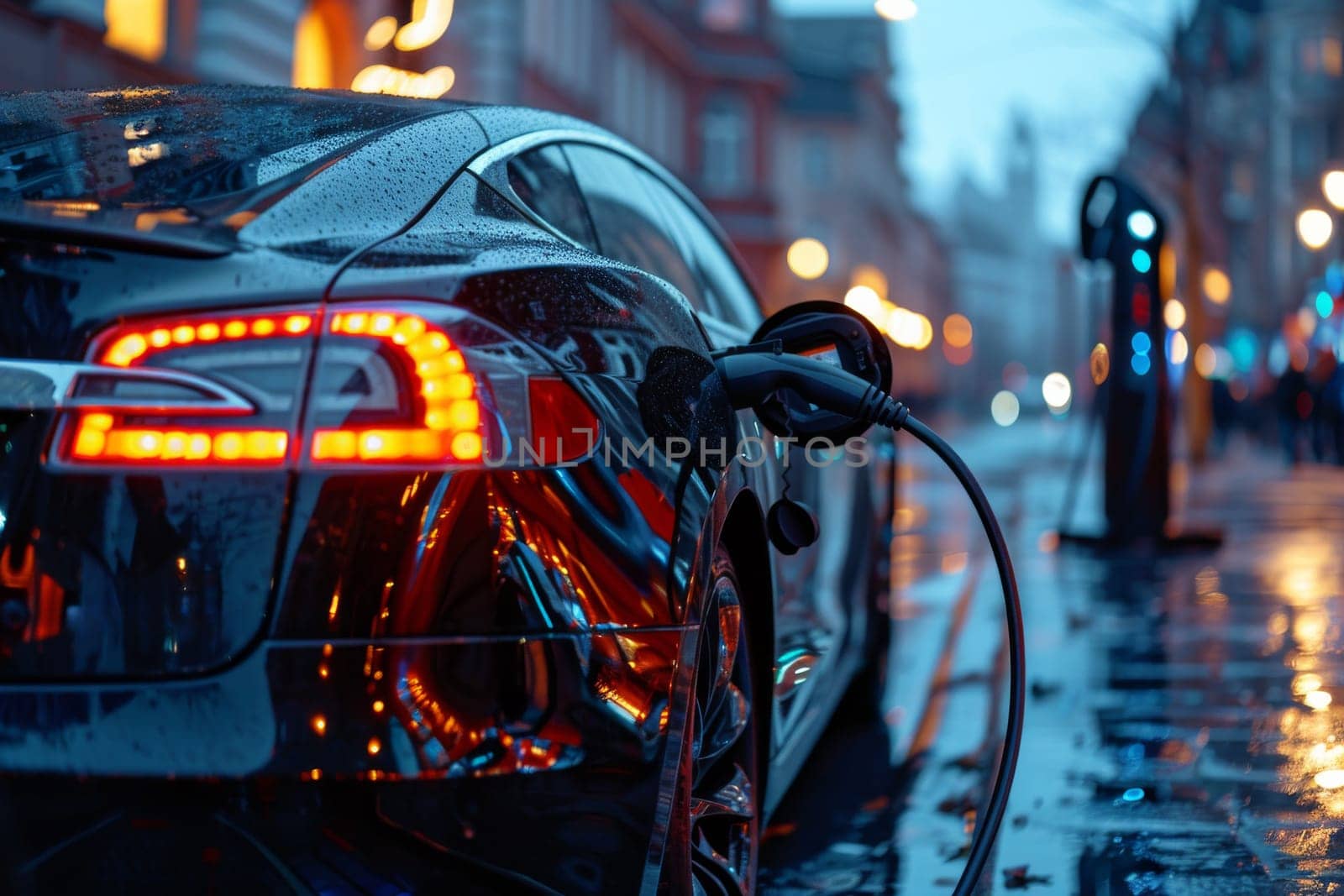 A black car is charging at a charging station. The car is parked on a wet street, and the lights of the car and the street are glowing in the dark. Concept of modern technology