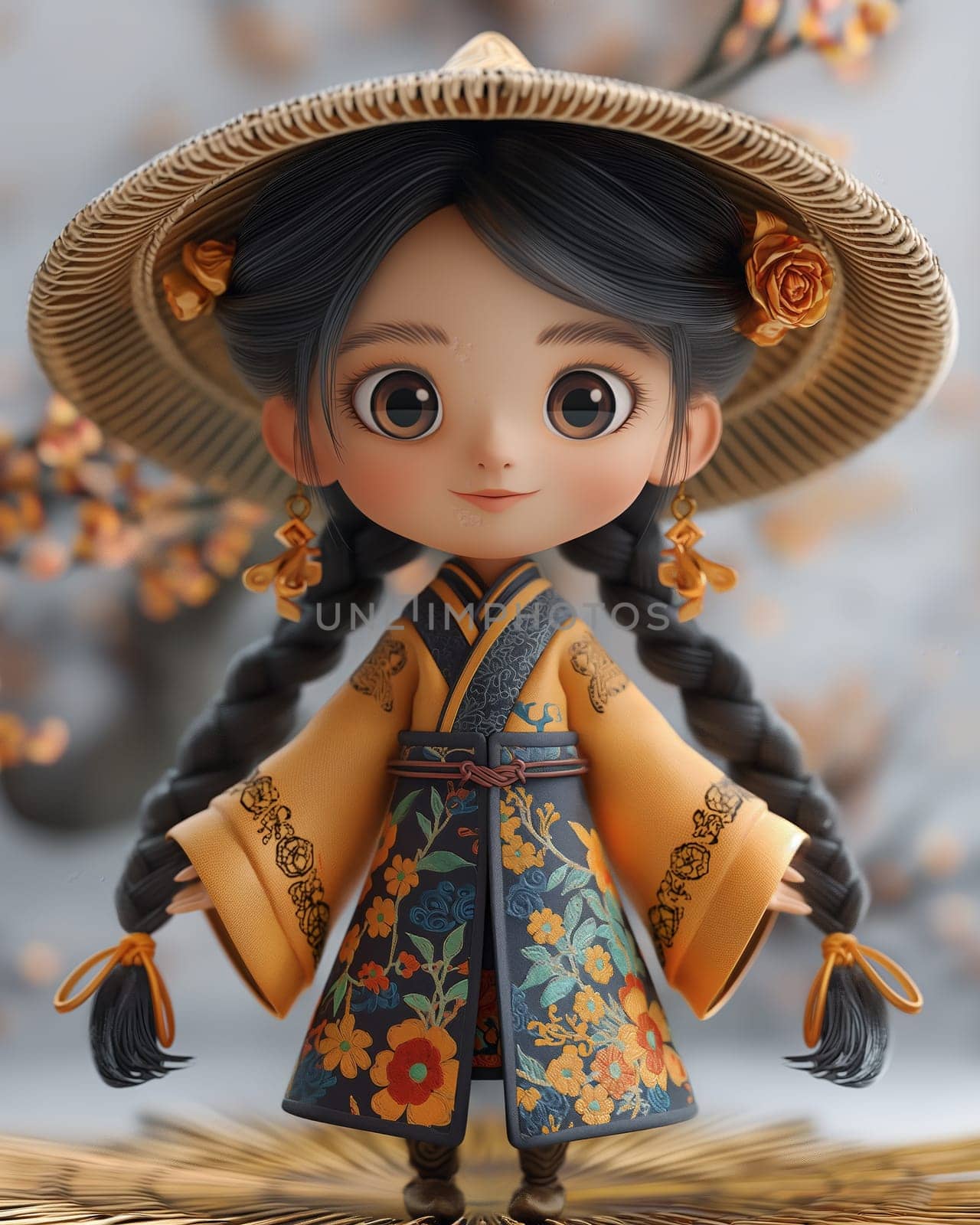 Cartoon, 3D girl in national traditional Asian attire. Selective focus