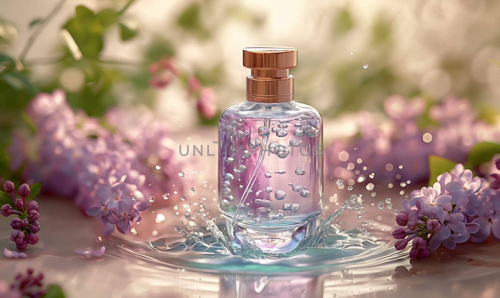 Elegant Perfume Bottle Amidst Lilac Flowers. Selective focus