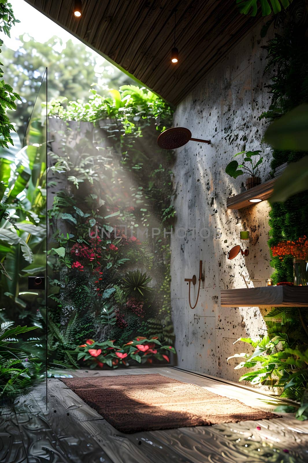 A house with a walkin shower surrounded by terrestrial plants and flowers by Nadtochiy