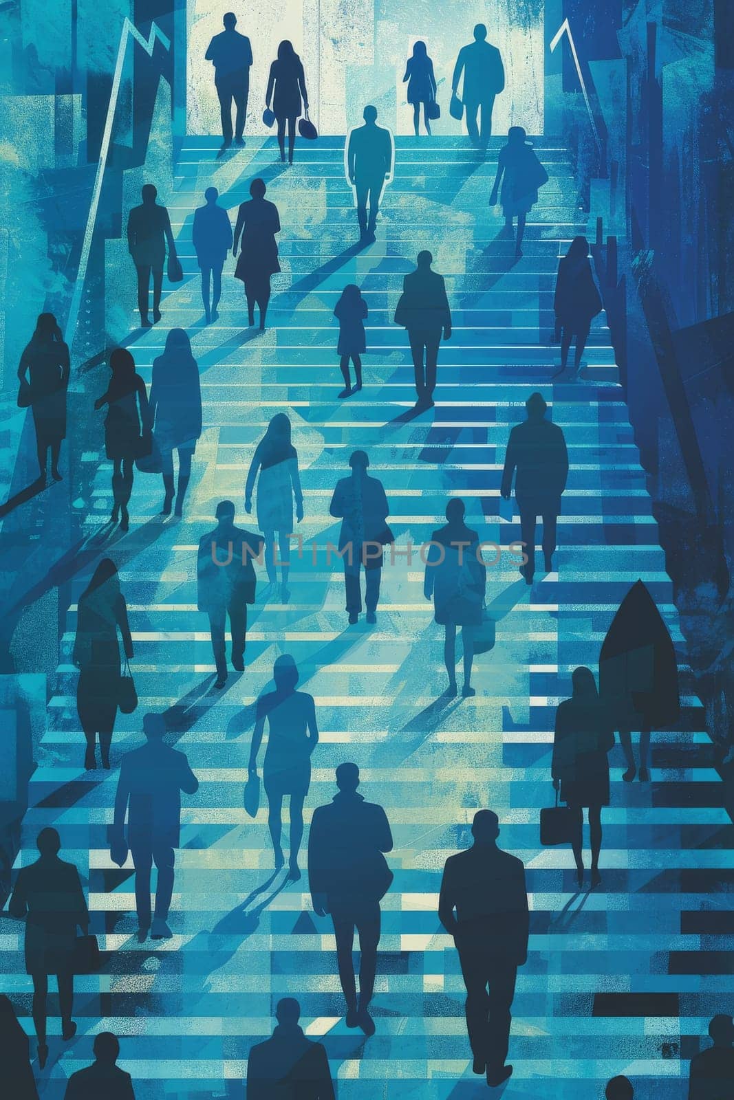 A painting of a group of people walking up a set of stairs. The painting is a mix of blue and yellow colors. The people are walking up the stairs, and some of them are carrying handbags