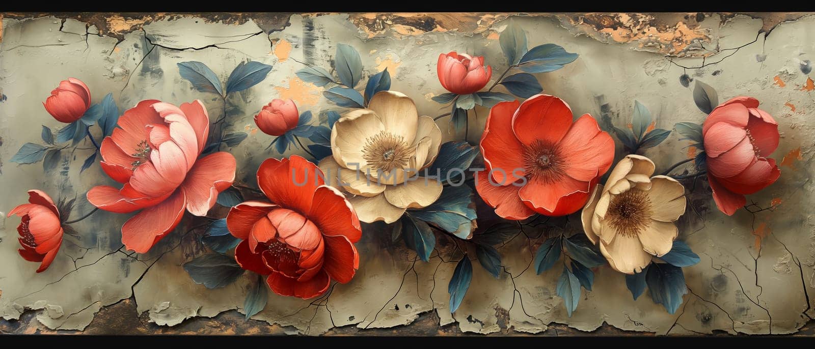 Vintage painting depicting large flowers with delicate leaves. by Fischeron