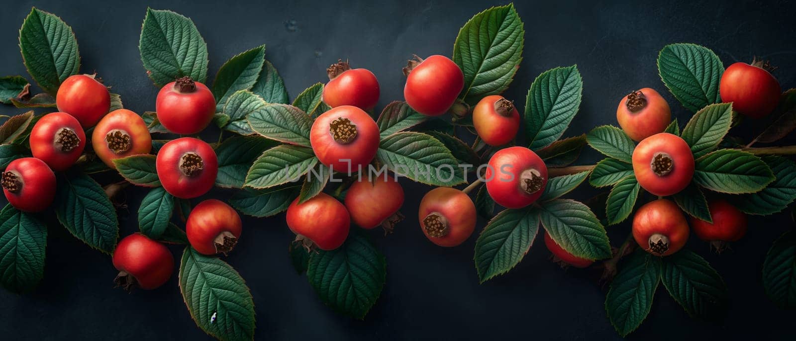 Red Berries and Green Leaves on Branch. by Fischeron