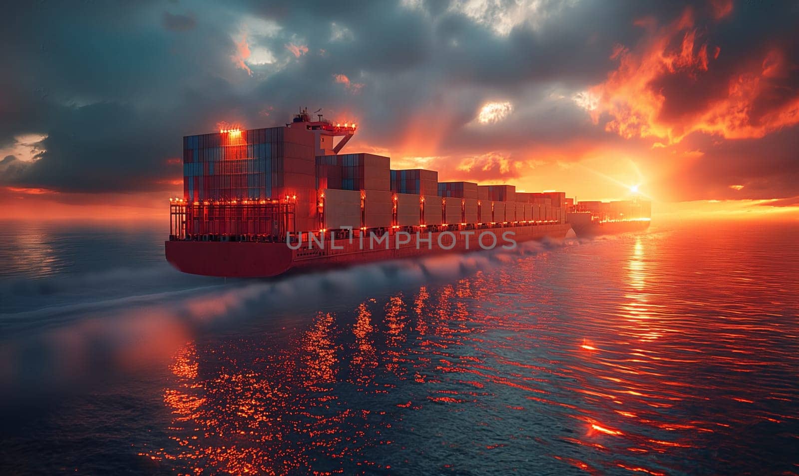 Cargo Ship Sailing in Ocean at Sunset. by Fischeron