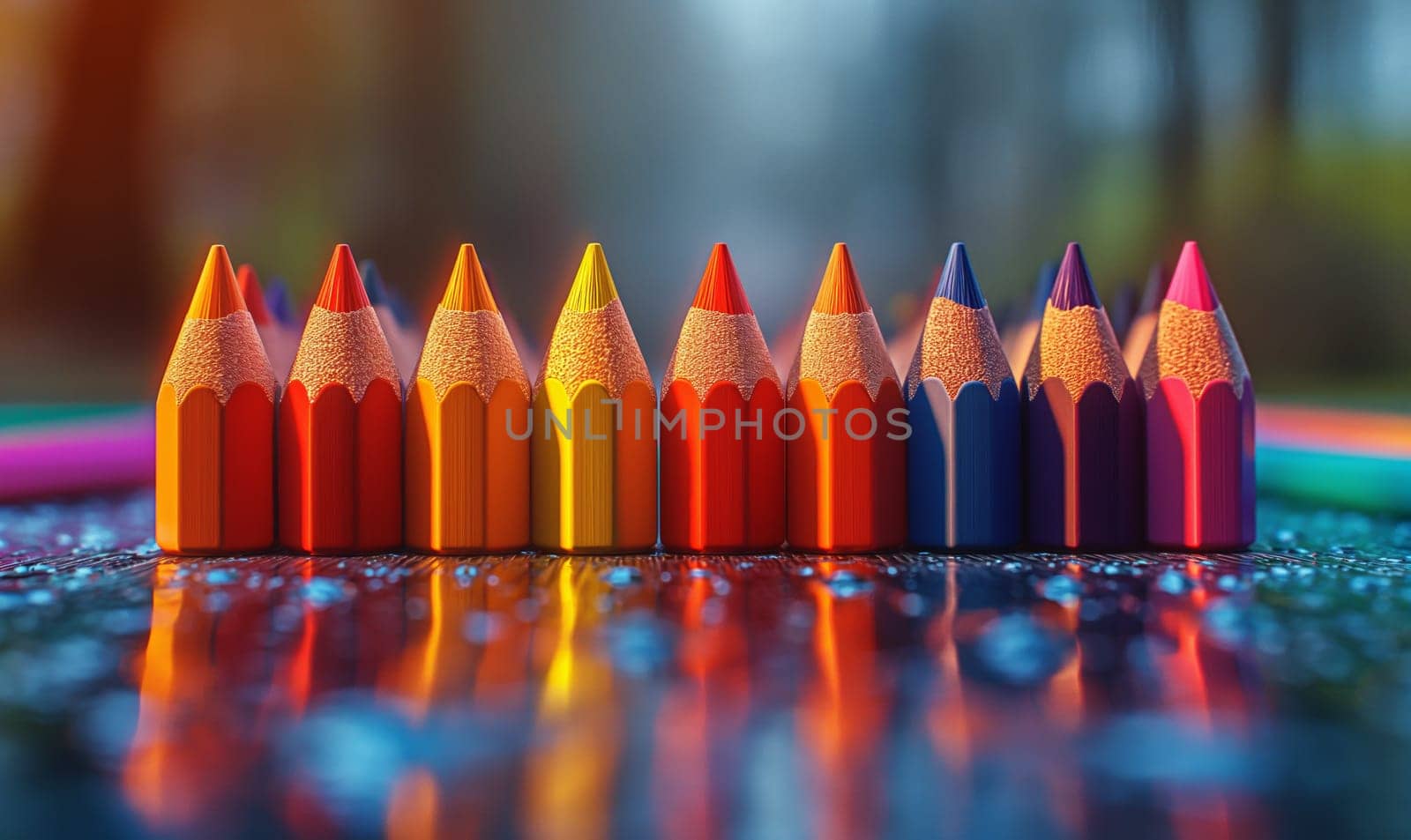 Colorful pencils lined up on shiny surface. by Fischeron