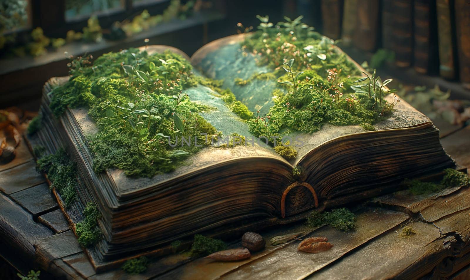 Open Book Overgrown With Moss. Selective focus