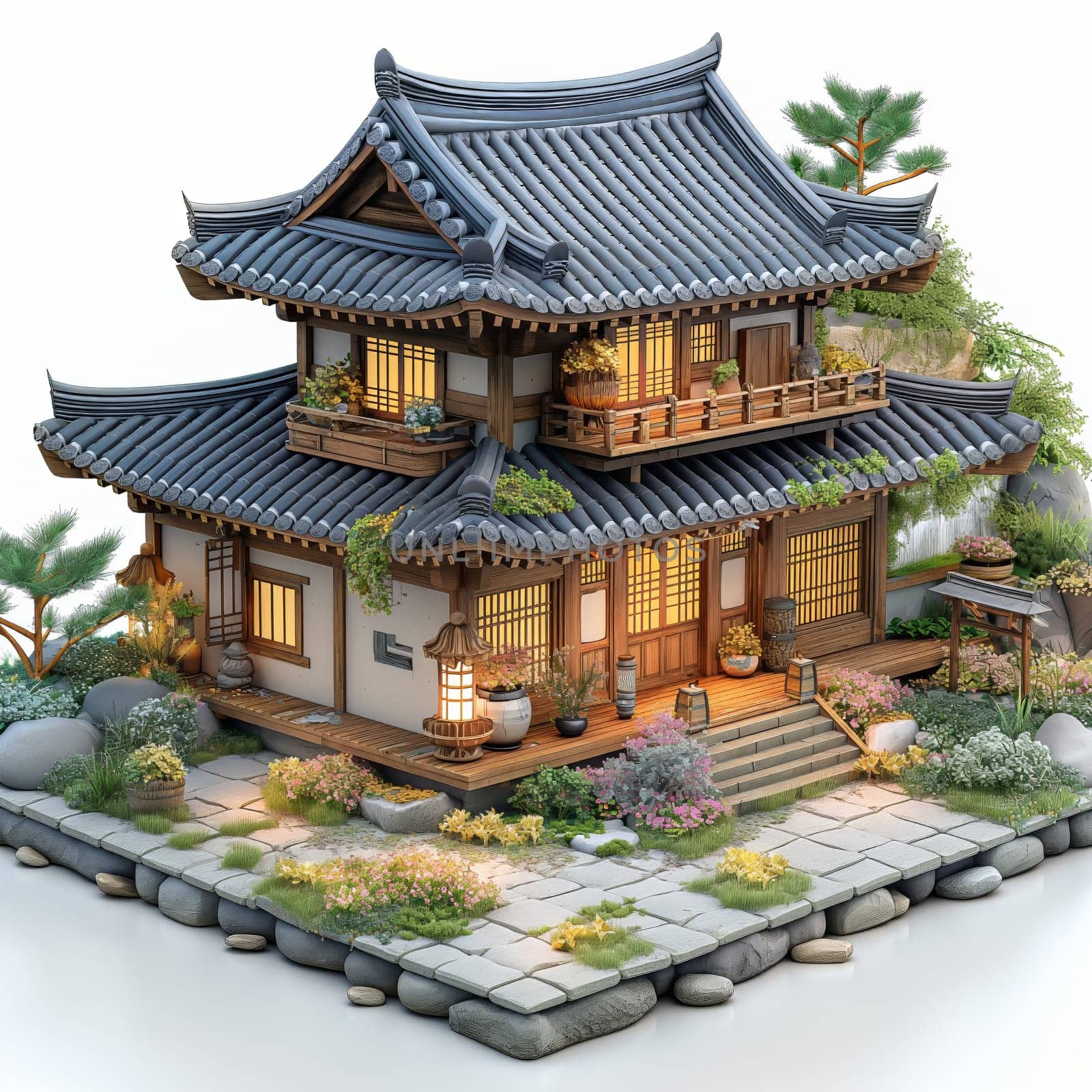 Asian style house model on a white background. Selective focus