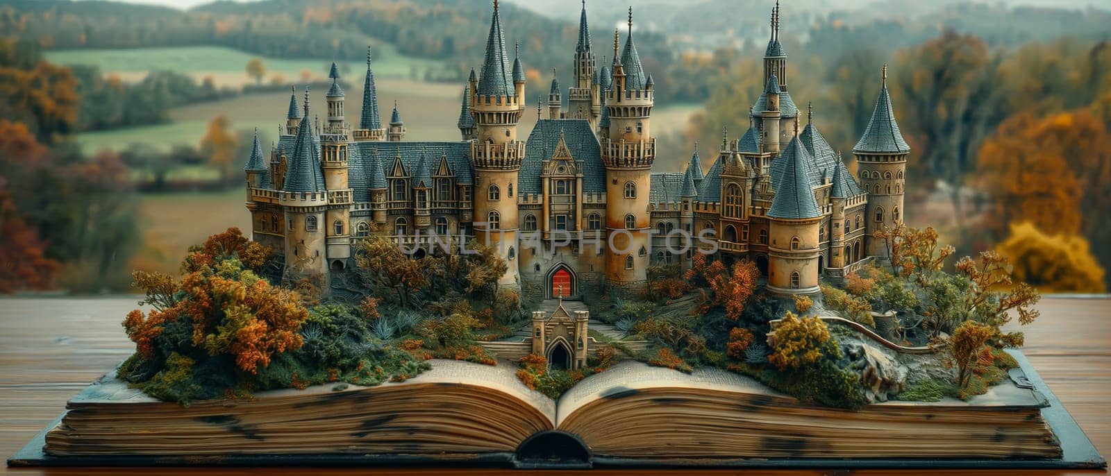 Open book displaying an intricate castle illustration. Selective focus.