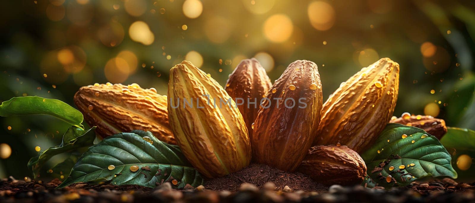 Abstract background with cocoa beans with leaves. by Fischeron