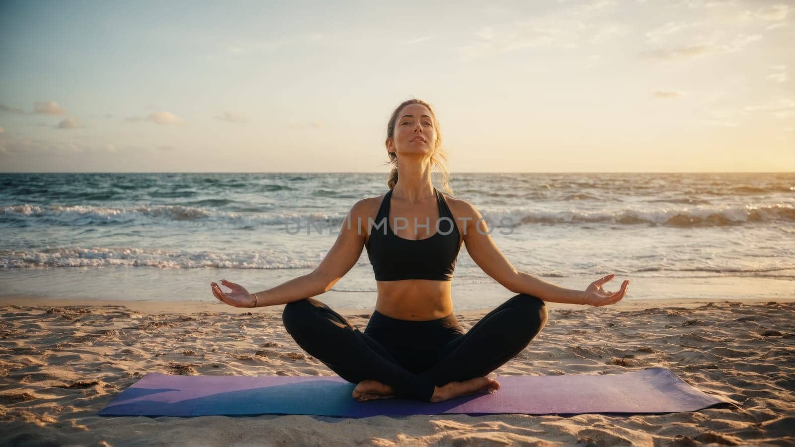 Relaxed woman getting a beachside yoga lesson sun salutation ocean breeze guiding wellness retreat by panophotograph