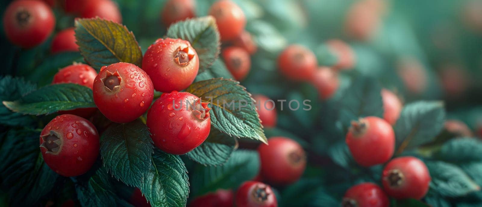 Red Berries and Green Leaves on Branch. Selective focus.