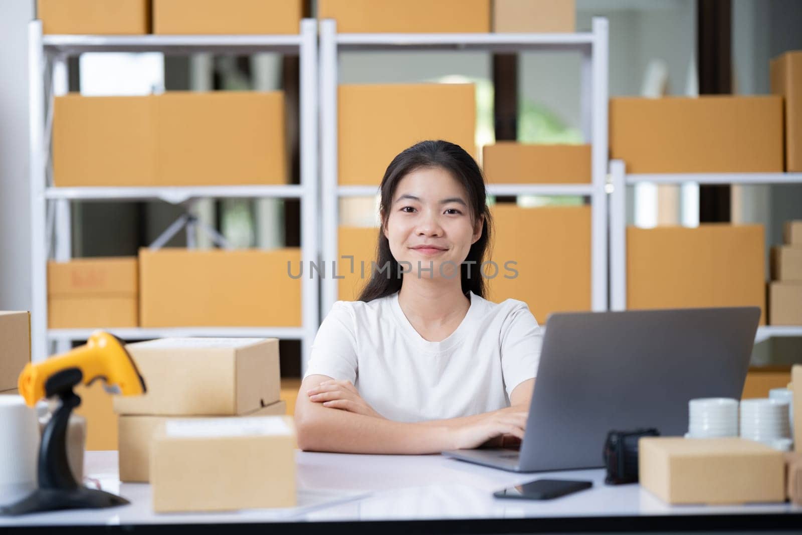 Startup small business entrepreneur SME, asian woman, Portrait of Asian small business owner holding package parcel box isolated on white background, delivery online sell marketing SME concept.