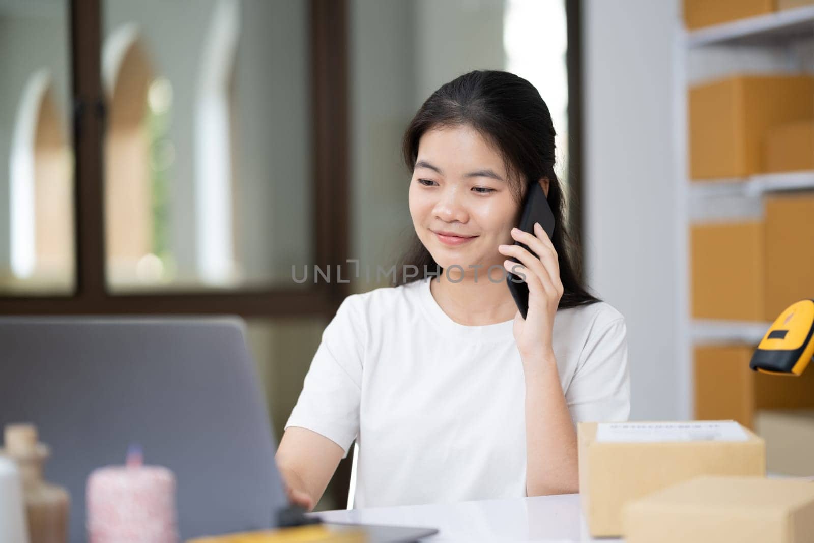 Startup small business entrepreneur SME, asian woman, Portrait of Asian small business owner holding package parcel box isolated on white background, delivery online sell marketing SME concept.