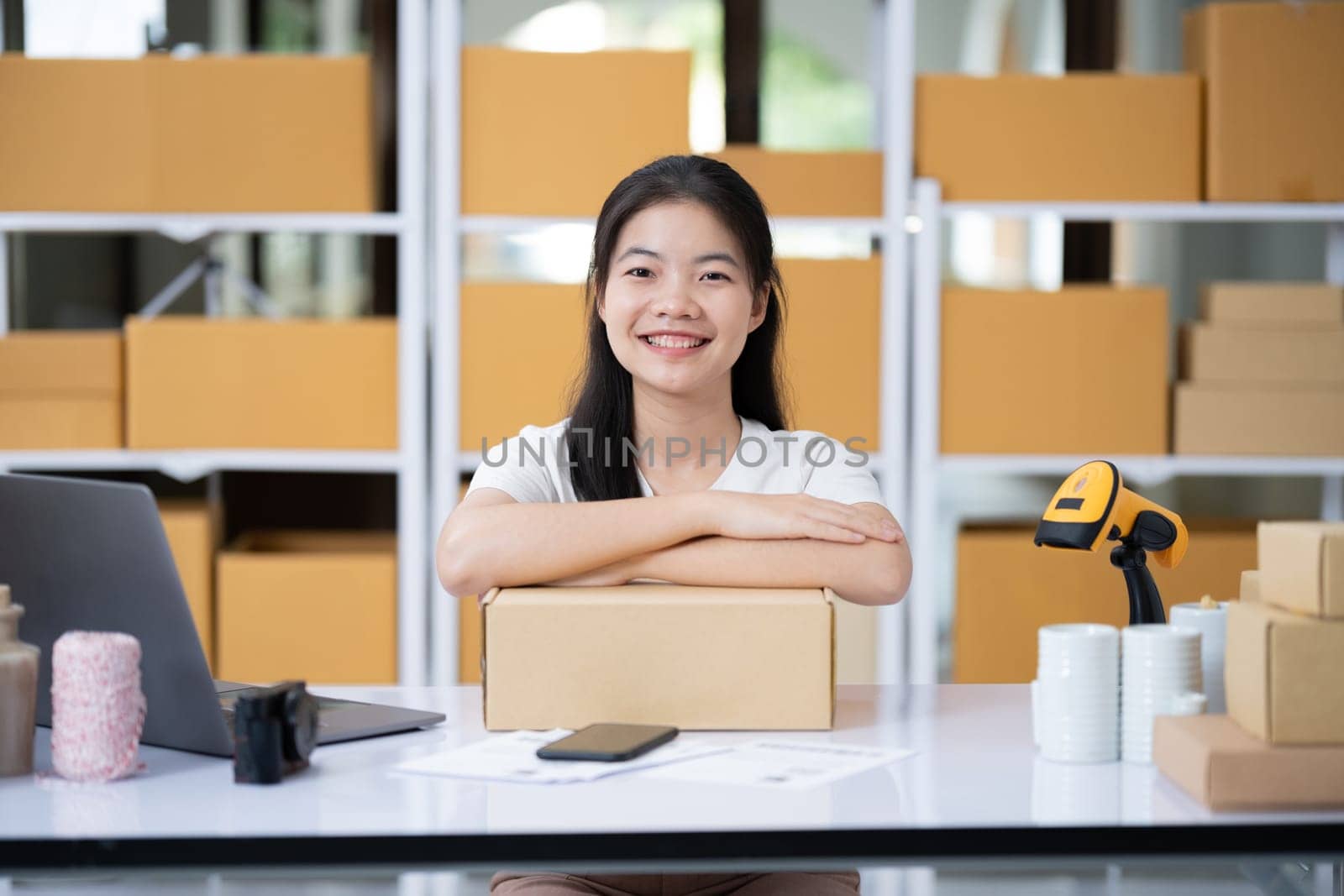 Startup small business entrepreneur SME, asian woman, Portrait of Asian small business owner holding package parcel box isolated on white background, delivery online sell marketing SME concept.