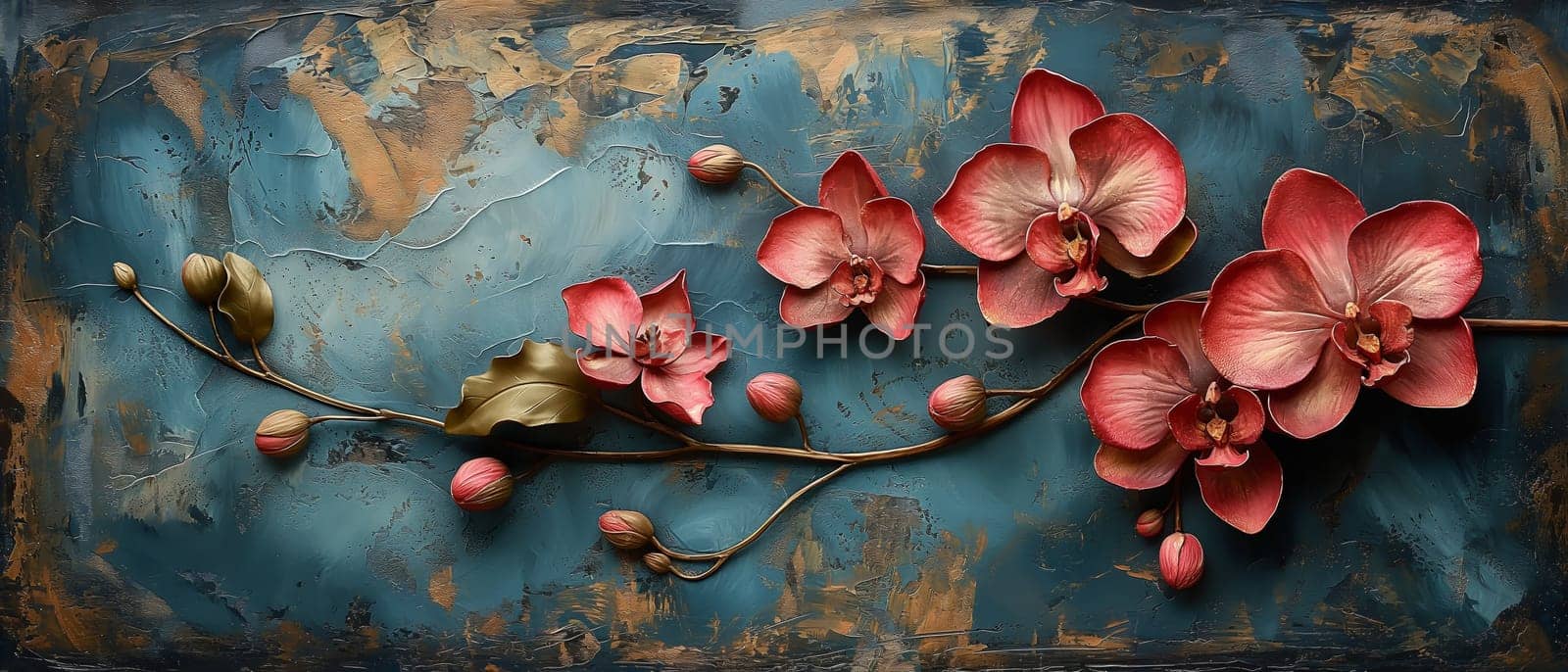 Orchids Painting on Blue Background. by Fischeron