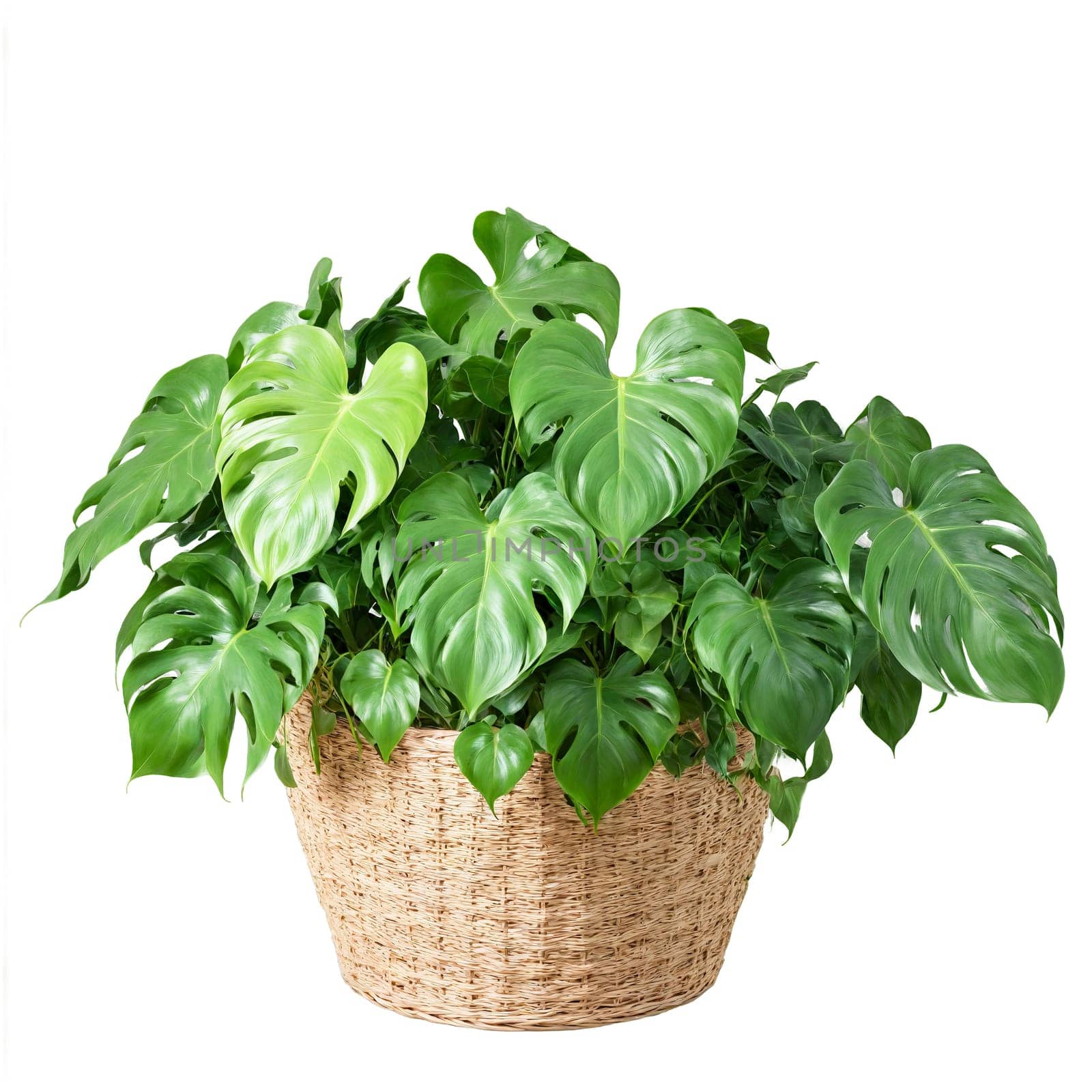 Philodendron lush green heart shaped leaves with a glossy sheen spilling over the sides of. Plants isolated on transparent background.