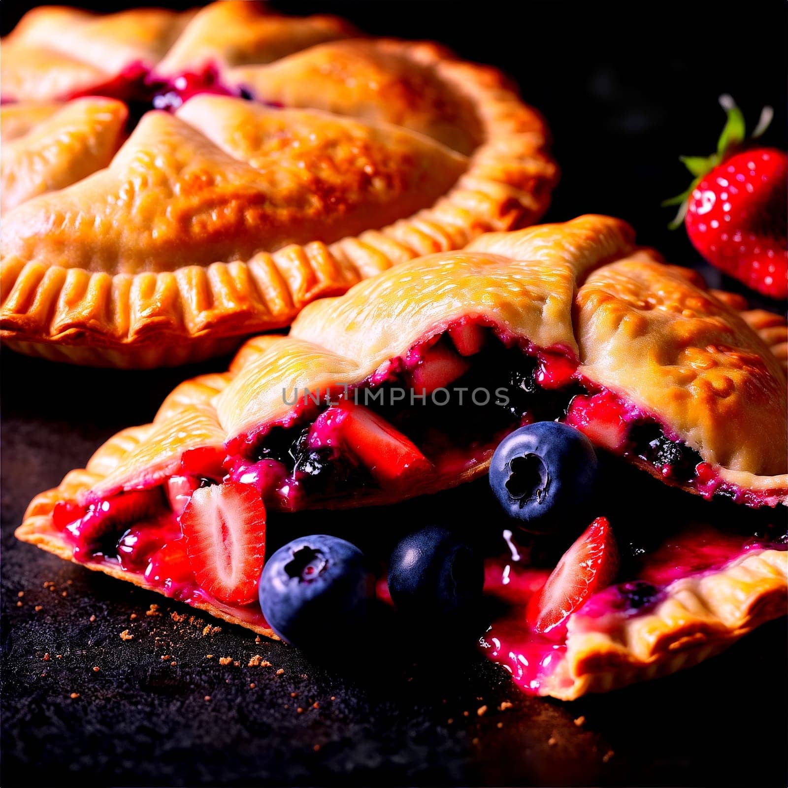 Strawberry blueberry hand pies golden folded crust mixed berry filling peeking out Food and Culinary. Food isolated on transparent background.